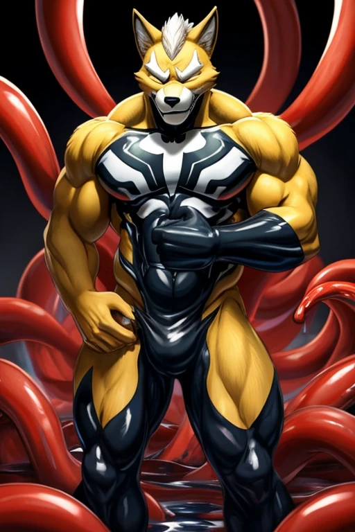 solo, male, dark background, big , masterpiece, high quality, best quality, highres, absurdres, remert, venom, male only, masculine, manly, disembodied hands, glowing disembodied hands, surprised, blushing, bulge, big , long ,  pull, pulling , hands behind back, legs together, squirming,  squeeze, 