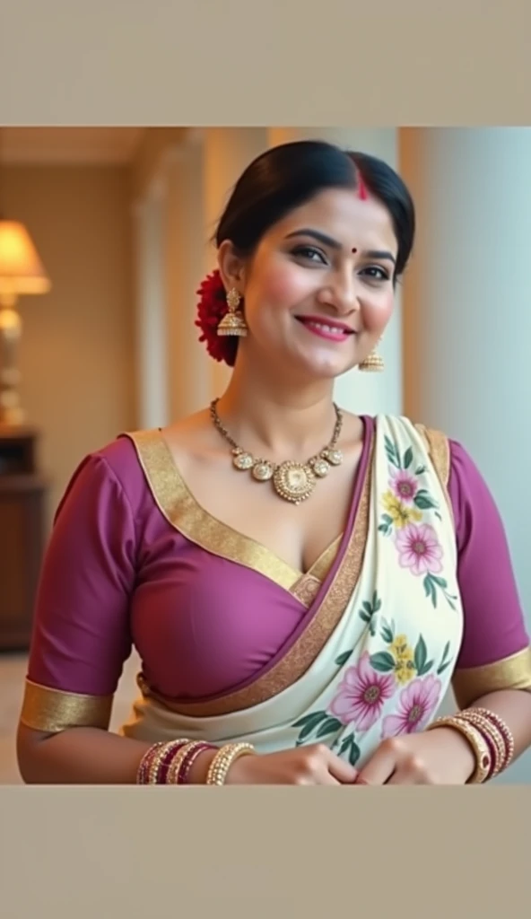 a woman in a sari smiling and posing for a picture, traditional beauty, assamese aesthetic, wearing bihu dress mekhela sador, with kerala motifs, blue colored traditional wear, traditional makeup, a still of a happy, with lovely look, dressed in a sari, , profile image, very extremely beautiful, showing boobs, showing deep cleavage, showing big breasts, showing nipples, dark nipples deep cleavage, showing deep cleavage, showing breasts