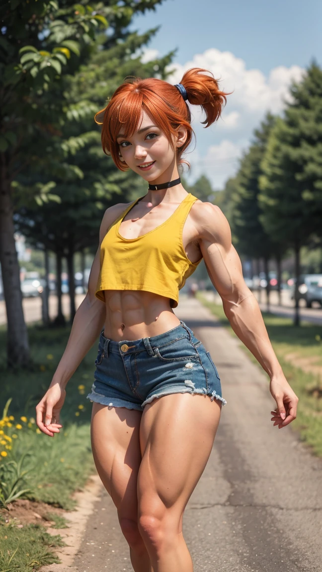 (best quality:1.3), (8K, RAW photo), (realistic, photo-realistic:1.3), high-resolution, ultra-detailed, highly detailed, extremely intricate, film grain, sharp focus, (a photo of a 21 year old American country girl:1.5), (smile:1.5), long dark blonde hair, (blue eyes:1.5), highly detailed face, highly detailed eyes, (sexy red gingham crop top and daisy dukes:1.5), looking at viewer, natural lighting, sunset, by the lake, (muscular:1.1), (thick muscular thighs, wide hips:1.3), (thin arms:1.6), long lean legs, calves, (cowboy boots and hat:1.5), (white female, tan skin:1.5), (freckles:1.5), (full body view), (striations), (hard nipples), (perky breasts:1.5), (eight pack abs:1.5), (sculped muscles:1.5), (athletic body:1.5), (muscular body), (smiley), clean skin, (perky muscular glutes:1.5), (captured from different angles, showing front and back:1.5)