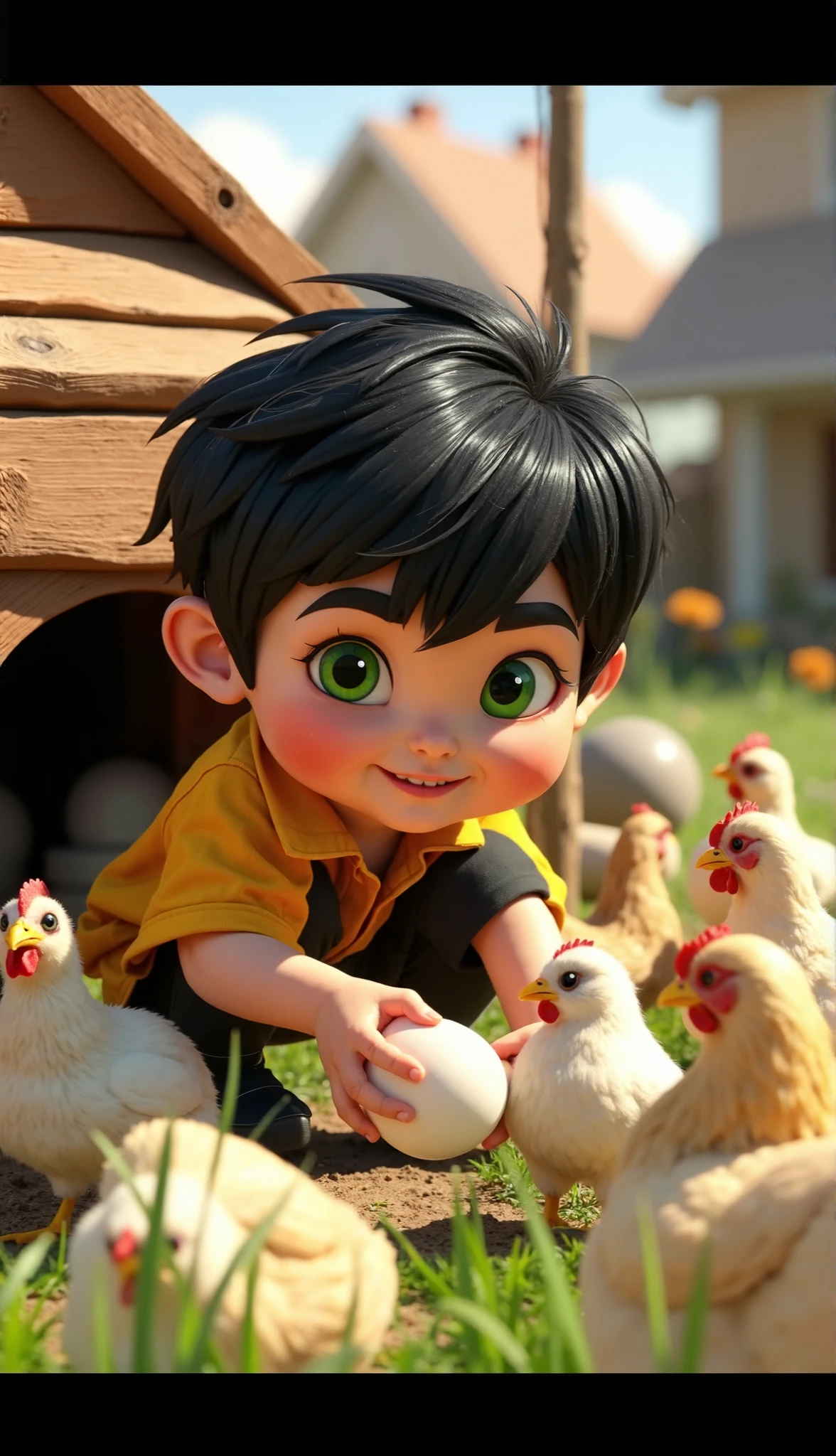 A child standing held by one hand watching an aviary with chickens in the background, alta qualidade, melhor qualidade