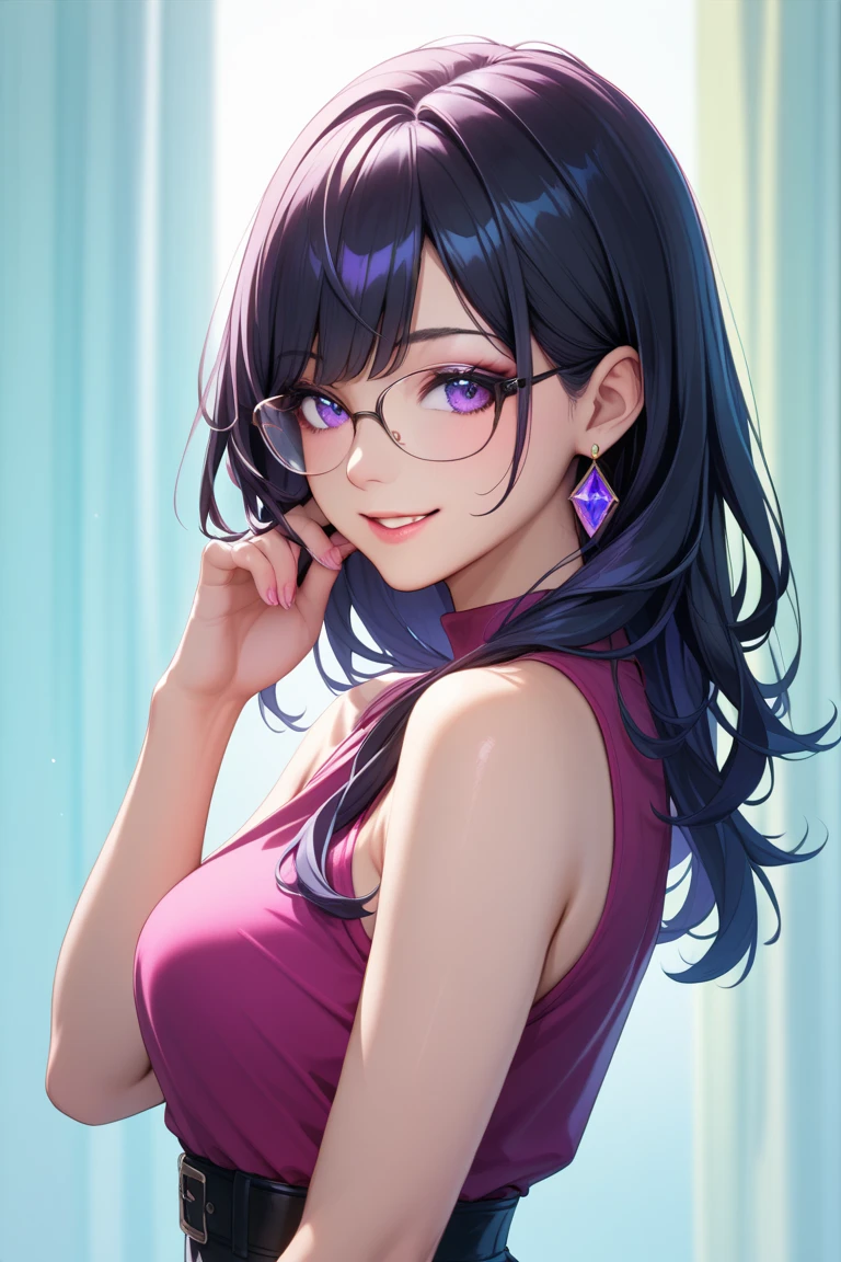 1 girl,High Quality、最HD、LOL、smile, Face Layer、long hair、 HD , glasses, purple eyes、Black Hair、Perm、reach out、looking back at the drugstore、sleeveless