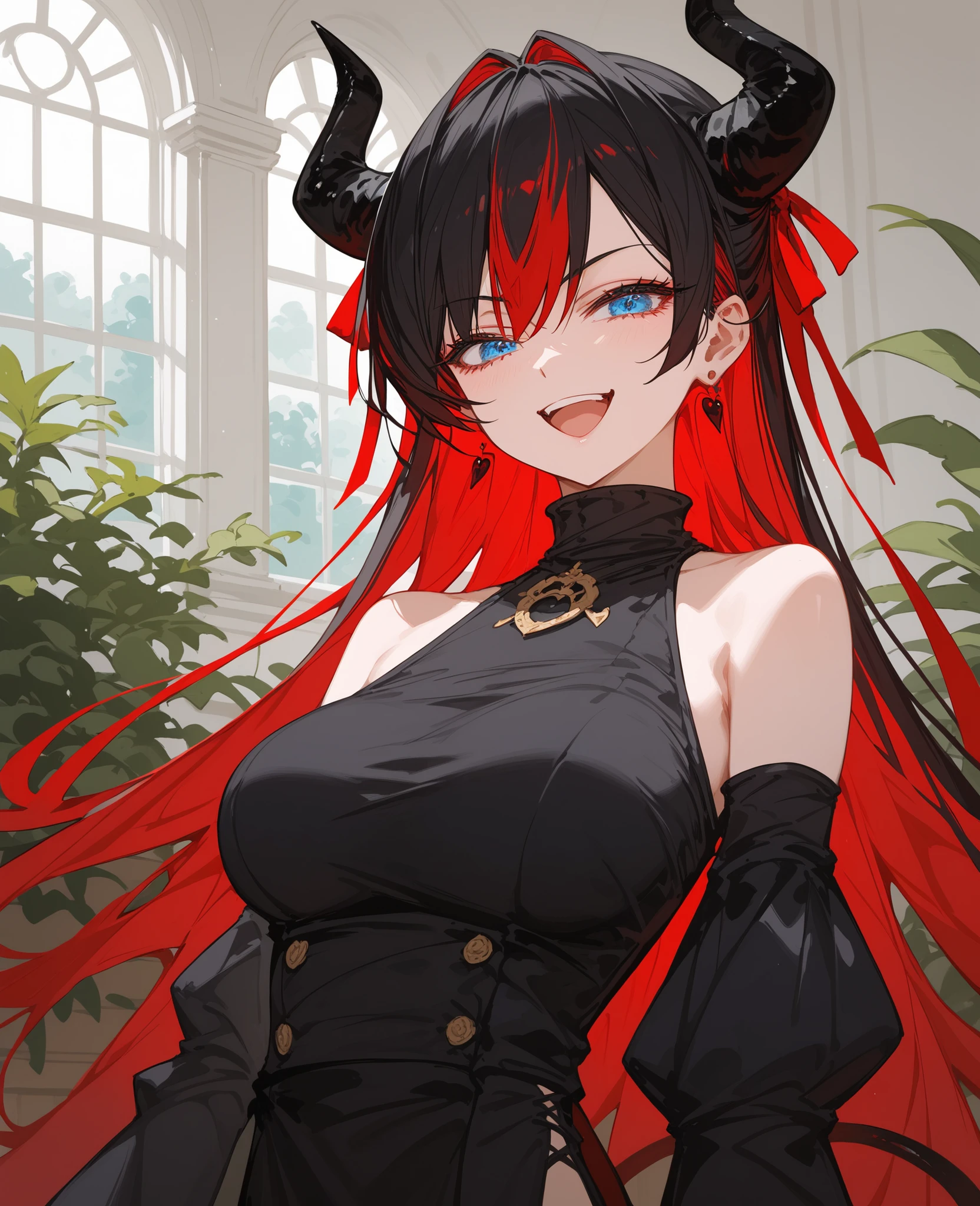 girl,ผมสีดำ,Red hair, black-horned,in blue eyes, black and red hair,Black Dress,Fierce face,,black hair,,slim,กระโปรงstudent,, has a tail ,The devil,devil,,Pretty blouse,long hair, two tone hair ,Beautiful hair,, turtleneck ,student, Tomboy ,Open your mouth,In the garden,hair ribbon,open shoulder,milf,is standing,smile