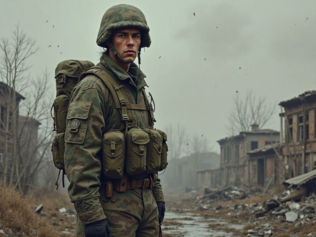 Stalker man, man wearing a respirator mask, camo, Armed, dirty, Very careful, has caution, wants to profit from trophies, Looks cautious, looks tired, She stands aside, carefully examines the surroundings, bloods, mud, Electrical discharges from the ground, clots of fog, Little blue lightning bolts in the fog, Ruins of a brick house in the background, in the background of the Zombies, Aside One artifact sparkles on the ground (8K, RAW photo, Best Quality, Masterpiece:1.2), Ultra Detailed, official arts, photo-realistic:1.2, Film grain, Octane Render, high-quality render, STALKER project, project STALKER