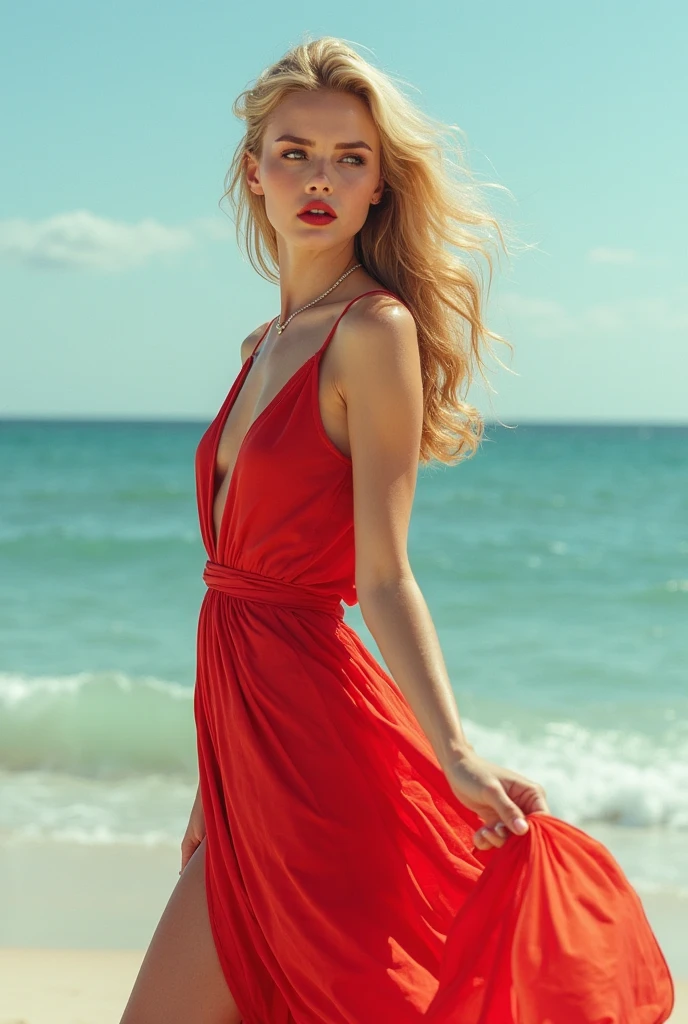 Women hot on red dress at beach epic realistis picture