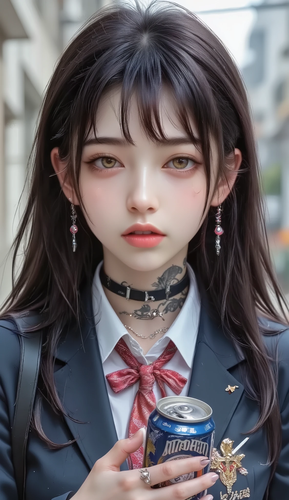 ((real mix、 ultra high definition image 、Top Quality、masterpiece))、((Wear a Japanese girls' high school、navy blue blazer、emblem、white thin fabric blouse、red ribbon tie、check mini skirt))、((Beautiful Japanese girl、long hair dyed pink、pretty face、二重eyelidの大きな目、アヒルのlips、厚いlips))、((slender figures、Round and beautiful breasts、constricted waist、long legs、Long arms))、(((Realistically accurate depictions with all detailed details、(lots of earrings、nose、ear、lips、eyelid:2.0)、Mr.々Accessories、( Beautiful Tattoo 、bold tattoo:2.0)、))、(((He holds Japanese canned beer in his left hand、Draw canned beer realistically and accurately、I'm picking a cigarette with my right hand and smoking、Real cigarette smoke、喫煙するMr.子をリアルに正確に描く:2.2)))、((((Beautiful high school girl smoking cigarettes, drinking canned beer, and relaxing、Draw smoky cigarettes realistically and accurately、realistically and accurately the size of a beer can、Scale))))