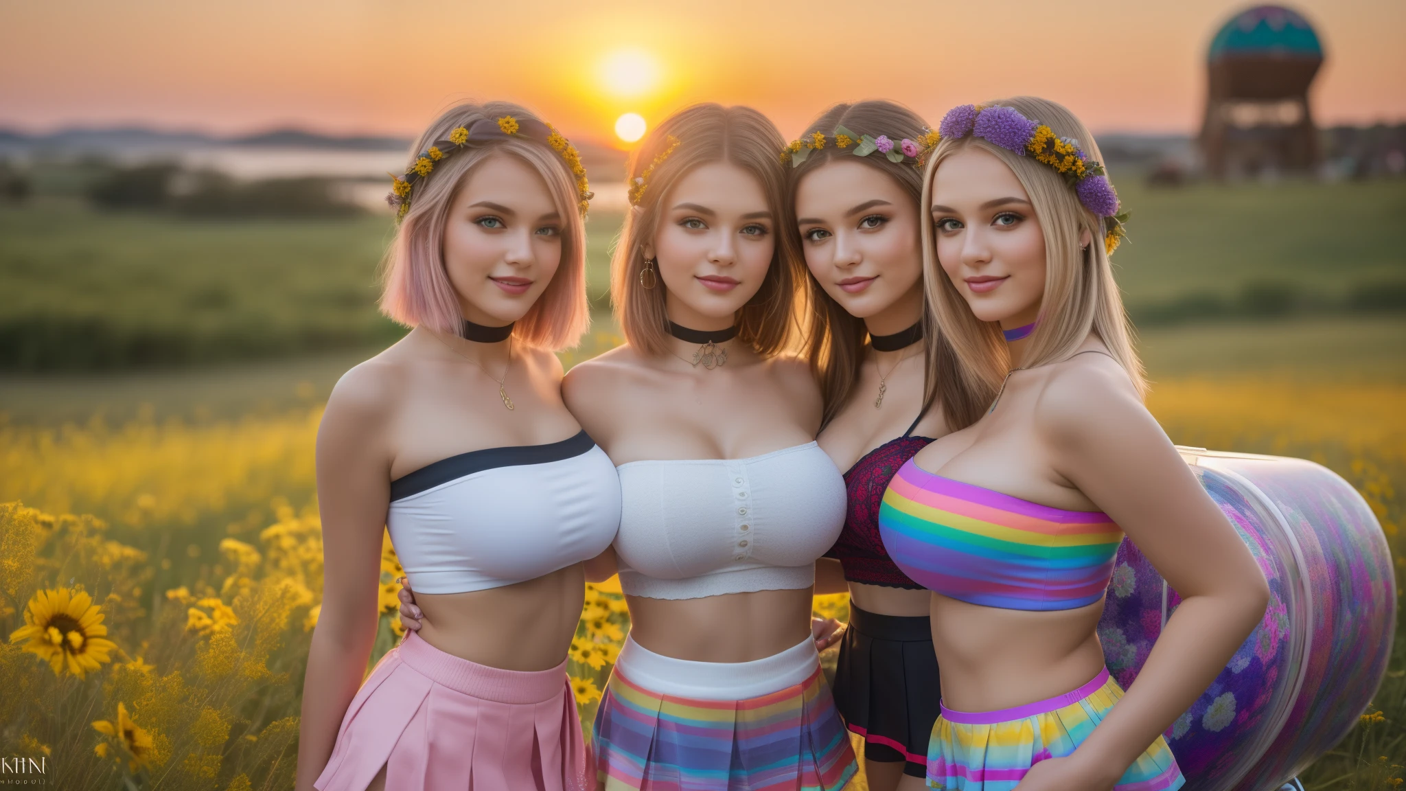 three girls, masterpiece,best qualtiy,hdr, hyper HD, 8K,Bokeh,Ultra-fine painting,Sharp focus,Physically-based rendering,Extreme detail description,portraitures,full-body photo,looking at viewer, (long bob_cut hair), Sexy smile, choker, (midsommar in a short summerdress:1.2), (in sunset light:1.2), perfect eyes, perfect hands, perfect body, perfect hair, (Big breasts:1.5), (EOS R8, 50 millimeters, F1.2, 8K, RAW photo:1.2), photograph by arny freytag