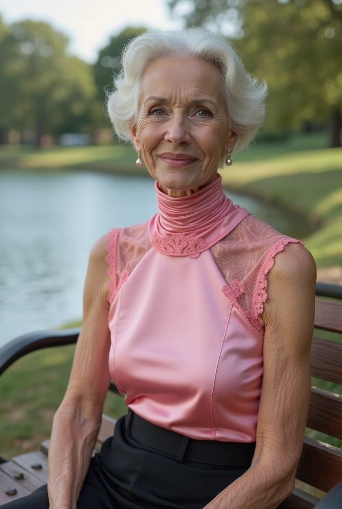 landscape photography of an old woman as a ((luxury person)) with ((razor cut haircut)) In a tweed ensemble,reflecting academia or British countryside charm.,dressed in pink crop top,pink shorts,ribbed texture,athletic