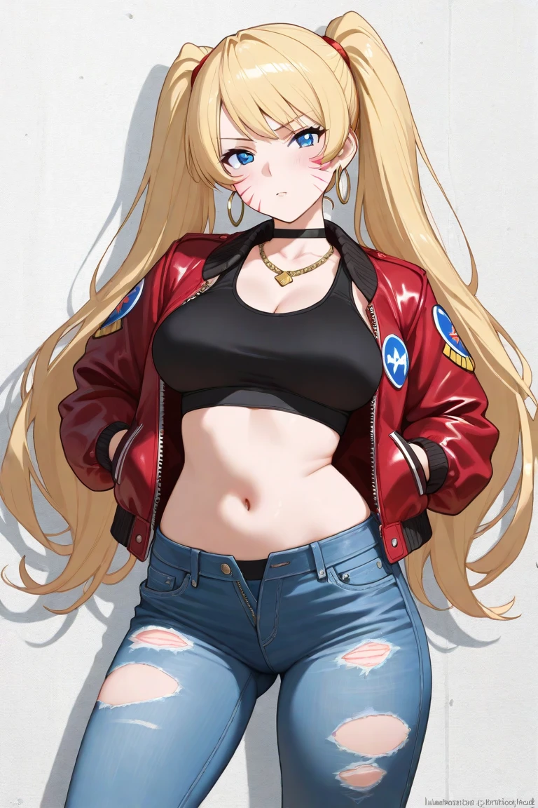 medium blonde hair,, bangs, blue eyes, red lipstick, smile, piercings, earrings, bracelets, necklace, peitos grandes, Red _nails, rosto detalhado, pernas grandes, shorts jeans, Red jacket,, Dentro de casa, mature woman,, (melhor qualidade:0.8), (obra de arte), right hand on waist, cintura fina, pernas cruzadas, bare shoulders, strapless, tube top, body chains