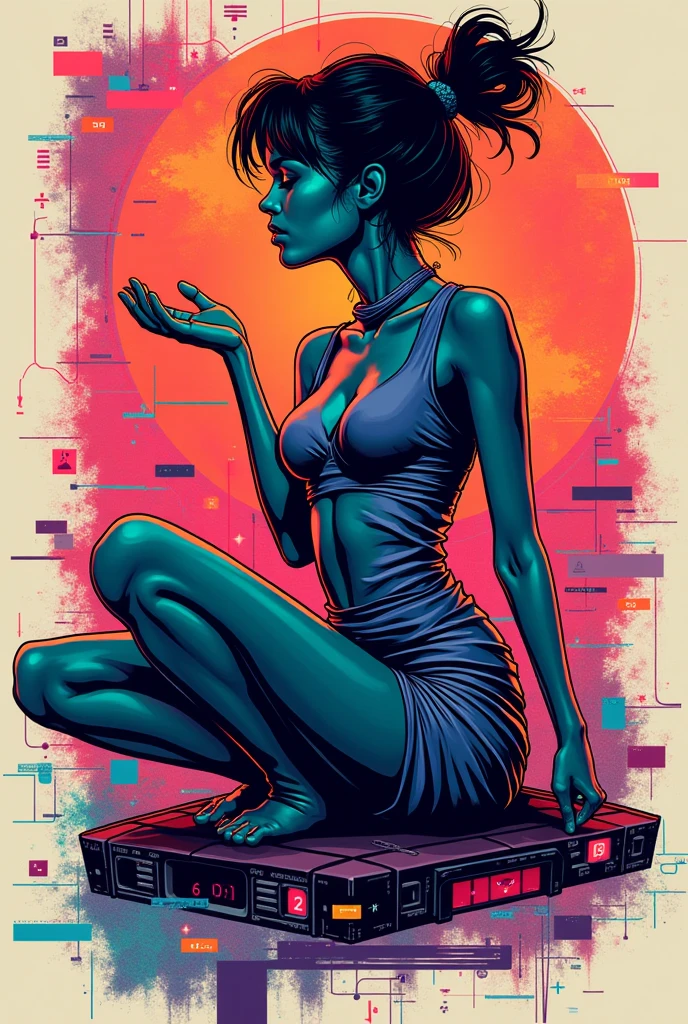 A young female character is practicing yoga in a serene, meditative pose. She is seated in the lotus position (Padmasana) with her legs crossed and both her hands resting on her knees, fingers forming the Gyan mudra. her face facing the camera, Her eyes are gently closed, and she has a peaceful expression on her face, indicating deep focus and relaxation.
She is dressed in stylish, fitted yoga pants and a comfortable top, both designed for flexibility and ease of movement. Over her outfit, she wears an elegant silk kimono, which drapes gracefully around her shoulders and flows softly to the sides. The kimono features intricate, delicate patterns that add a touch of sophistication to her look.
The background is a rustic, artistic setting with a textured, slightly worn concrete wall that enhances the natural, tranquil atmosphere. She sits on a dark, possibly wooden floor, with a yoga mat beneath her for comfort. The overall mood of the illustration is calm and introspective, capturing a moment of serene mindfulness.