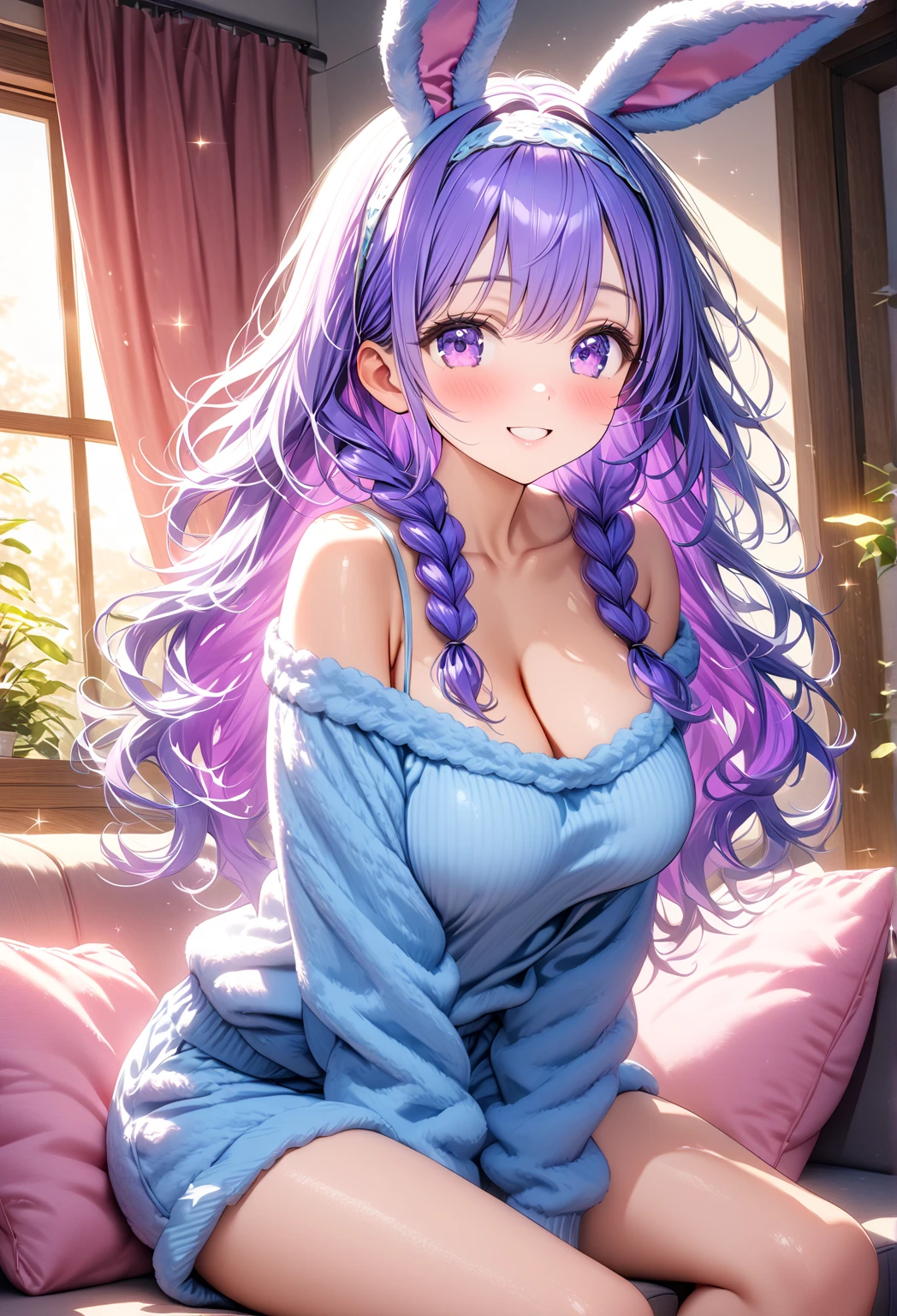 ((8K, Best Quality, masterpiece, Highly detailed)),{{{NSFW}}},Semi-realistic illustrations,Mejiro McQueen \(umamusume\),{1 girl,beautiful girl,cute,smile,kawaii, lovely,blushing,playful expression},sharp focus,oily skin,beautiful detailed hair,glossy hair,BREAK,(wear school uniform:2.0),(two nipples slip from school uniform:1.2)(NSFW),erection-of-nipples,(lying on the bed:1.2),wear long school skirt,perfect two legs,(spread two legs:1.2),(show-off-white-panties:1.3),five fingers,large breaths,wear black pantyhose,beautiful detailed eyes,jewel like eyes,violet eyes, (two hands behind head:1.1),open mouth,armpits, solo,beautiful navel, looking at viewer,collarbone,earring