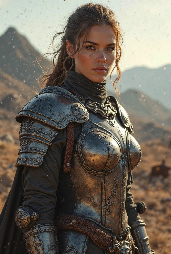 (art by Richard Anderson:1.1), a woman in armor, intricate details, sharper details, 8k, cinematic, on battlefield, chromatic aberration