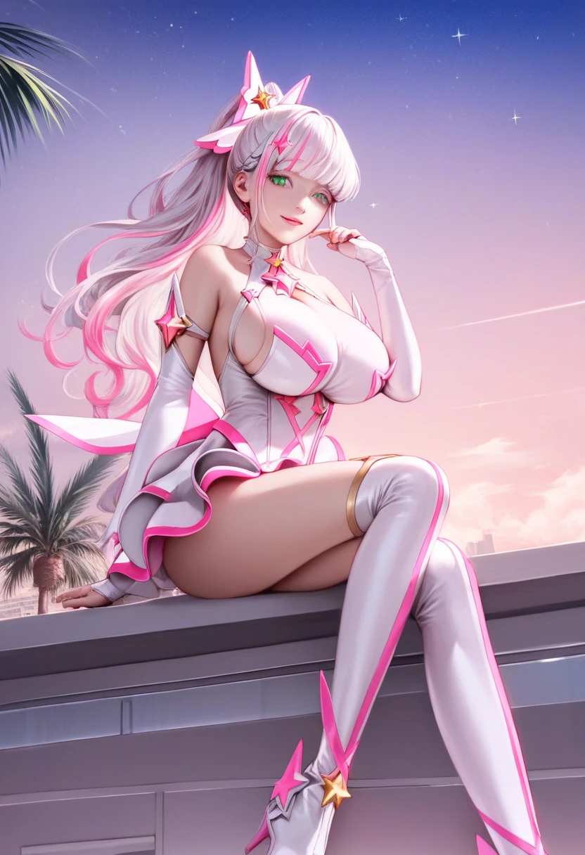 ((best quality)), ((masterpiece)), (detailed), perfect face, 1girl, solo, long hair, breasts, looking at viewer, bangs, large breasts, thighhighs, gloves, animal ears, bare shoulders, medium breasts, tail, pink hair, flower, white hair, multicolored hair, elbow gloves, white gloves, pink eyes, rabbit ears, blurry, white thighhighs, leotard, hand on hip, gradient hair, blurry background, highleg, highleg leotard, white leotard, anime