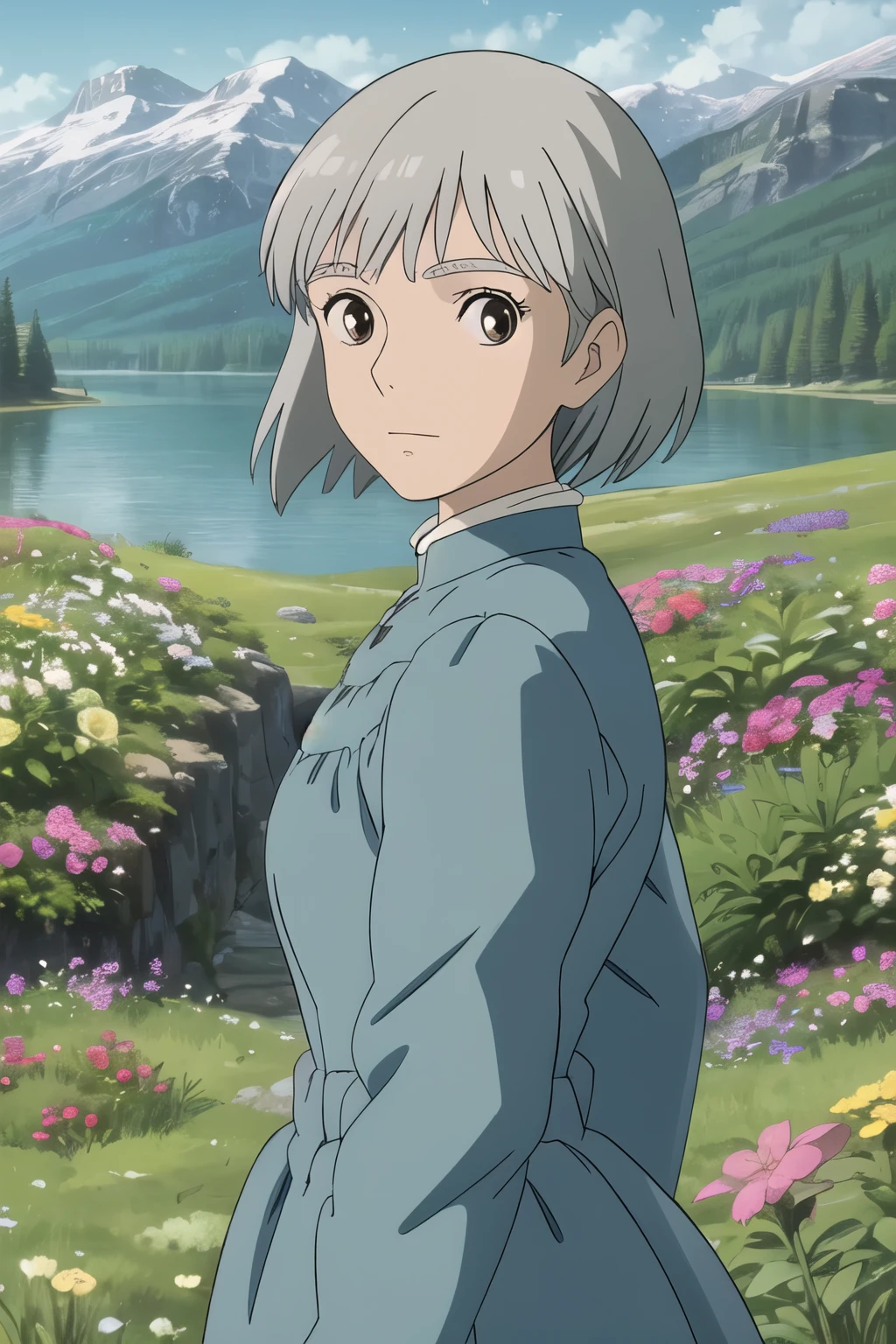upper body, (best quality), (masterpiece), (solo), 1girl, grey hair, brown eyed, medium length hair, blue dress, grass, flowers, lake, trees, mountains, sunny, looking at viewer