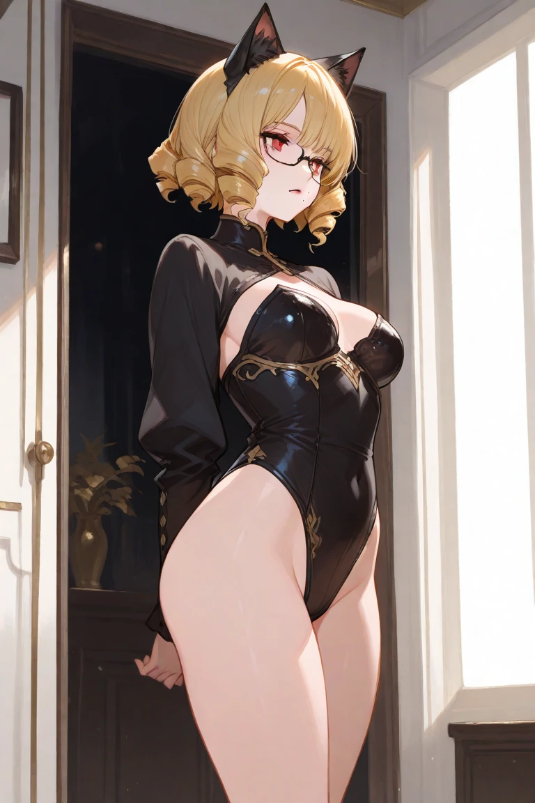 amicia michella - nijisanji, 1girl, brown short hair, yellow inner hair, wavy hair, green eyes, detailed eyes, thin lips, painted lips, shy smile face, wide hips, thick thighs, huge round ass, shiny oily breasts, bunny ears ornament, black bunny suit, high-neck collar, bow tie, full body, sunset, night club, dynamic pose, nsfw, high res, ultrasharp, 8K, masterpiece