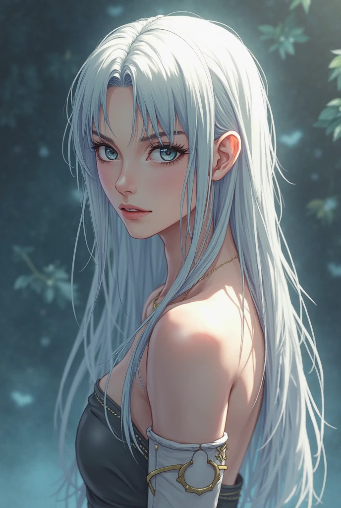 upper body of naked wolf woman, fully naked, topless, long wavy grey hair, glowing blue eyes, grey skin, grey wolf ears, athletic body, fierce, forest background