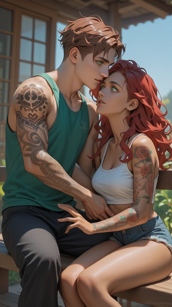 couple with green hair with orange and green eyes that shine in black glasses and tattoos and a beautiful fanart animation background