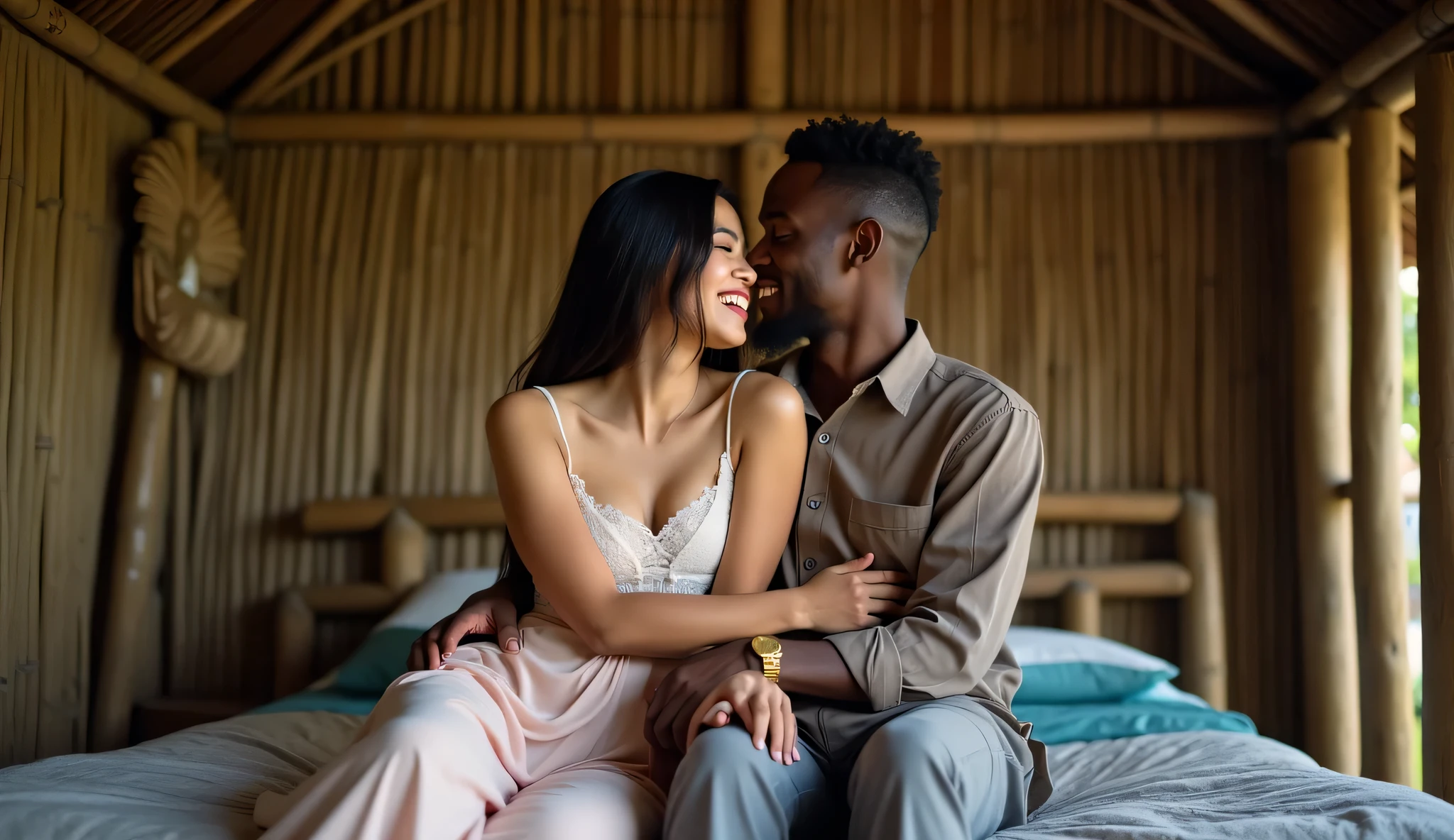 A tall African American woman with a crop top, long curly hair, and open toe wedges in her house, standing next to her husband. She is twice his size.