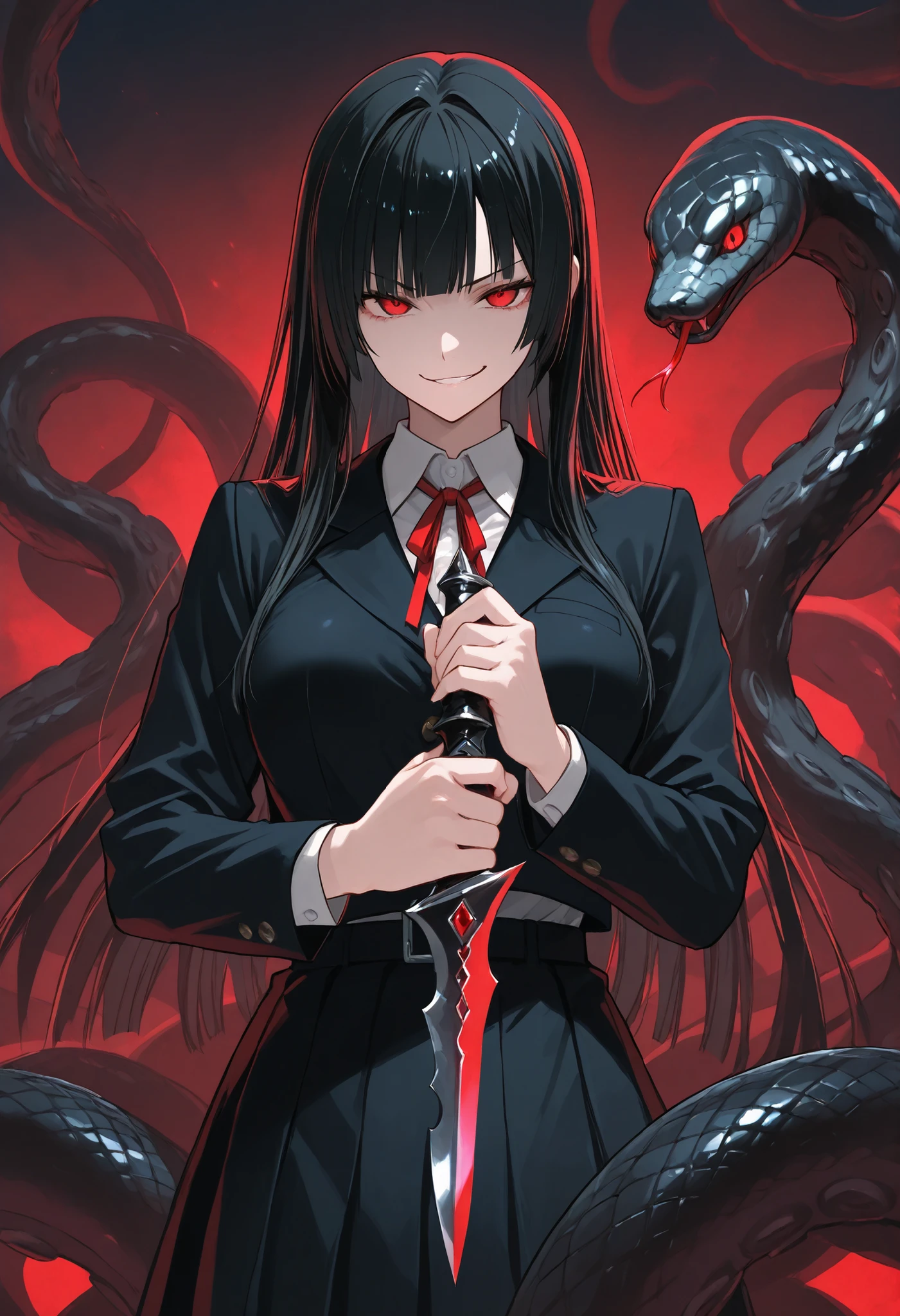 Scylla Girl. Black hair. Straight hair. Straight bangs. Red eyes. Smirk. Japanese high school uniform. Black costume. Dagger knife. Knife in hand. Snake-like tentacles. Multiple snakes. Black snakes.