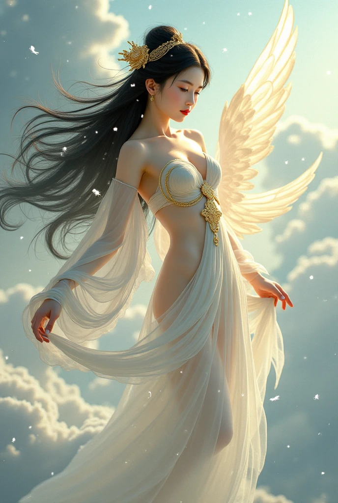 A beautiful heavenly maiden soaring into the sky, wearing a beautiful white robe,
