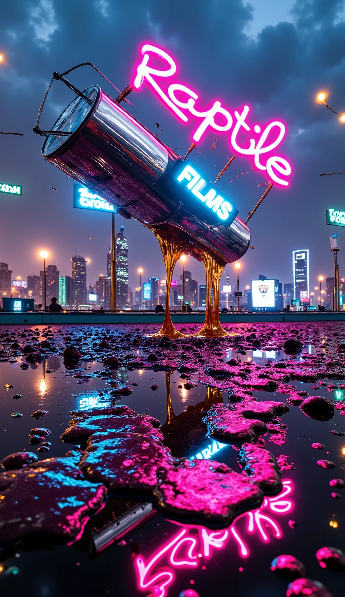 A chrome oil tanker floating midair tips over. Iridescent black-gold oil drips slowly down onto “RAPTILE FILMS”, which pulses in white neon. The city below distorts in oil slick reflections, bending reality. highly saturated, distorted through a fish-eye lens. Liquid and light interact vividly, casting soft reflections and bending around the scene. Taken on: Ultra-wide lens, high aperture, HDR lighting, cinematic bloom, depth-of-field applied