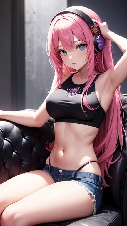 There is a girl with pink hair and a white thong on the sofa, anime girl squatting, Sitting on the sofa, very sexy pose, Sitting on the sofa, lying down, lie flat, beautiful anime girl, Anime Barbie wearing white knee-high socks, pretty face,arms and legs, Wear a white sports bra, relax on sofa, smooth pink skin,marks of strangulation