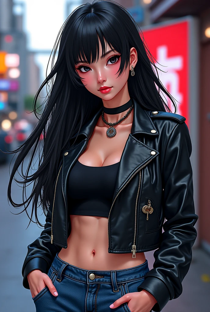 ((((masterpiece)))), high quality, very_high_resolution, large_filesize, full color, bikini, gold eyes, rainbow hair, silver bracelet, Cuban link necklace, cute, adorable, beautiful, high contrast, colorful, 5 fingers, slim body, jewelry, long hair, pony tail, hoop gold earrings, black hair