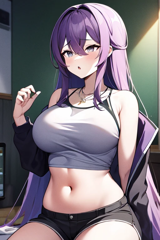 Wolf Girl, Large Breasts, Voluminous, messy, light purple hair, masterpiece , Red eyes, hd, Head to Chest, Put in your chest、 tooth、Double teeth,, On the bed、Thick thighs、Grinning、Knitted sports bra、mini skirt、Big Tits、Open your mouth、Jacket、Raise one leg、Show your pants、Striped panties