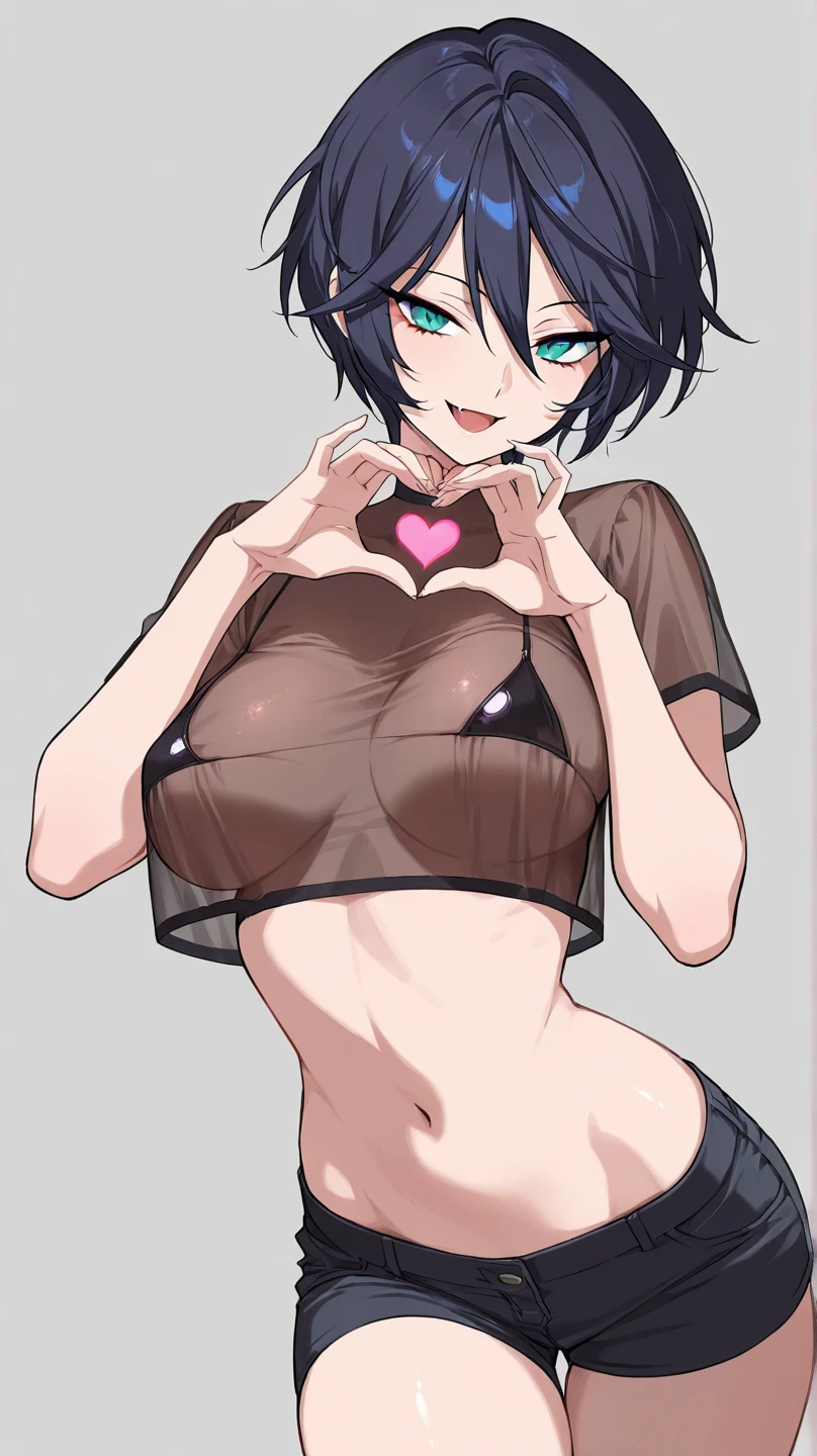 score_9, score_8_up, score_7_up, score_6_up, score_5_up, score_4_up,
BREAK
girl with black hair, short hair, messy hair, tomboy, light blue eyes, pink lips, pink eyeshadow,
BREAK
solo, standing, black tube top, black microskirt, black crop top jacket, black choker, small breasts, groin, bare legs, skinny, peace sign, pencil skirt, microskirt, pubic tattoo, black thong, cameltoe, underboob, cleavage,
BREAK
white background, simple background, <lora:Lunas-Kairunoburogu-SDXL-A1:1>