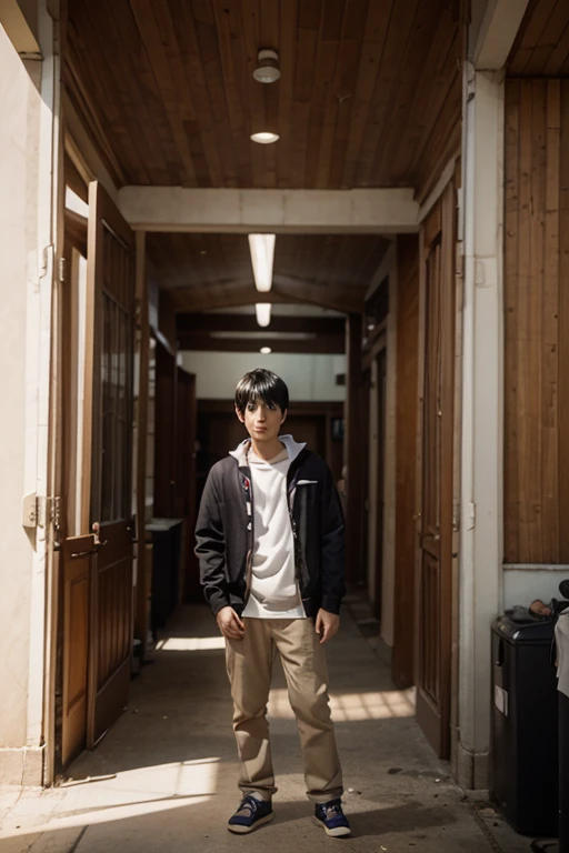 A boy standing on the stairs in night with dark like anime