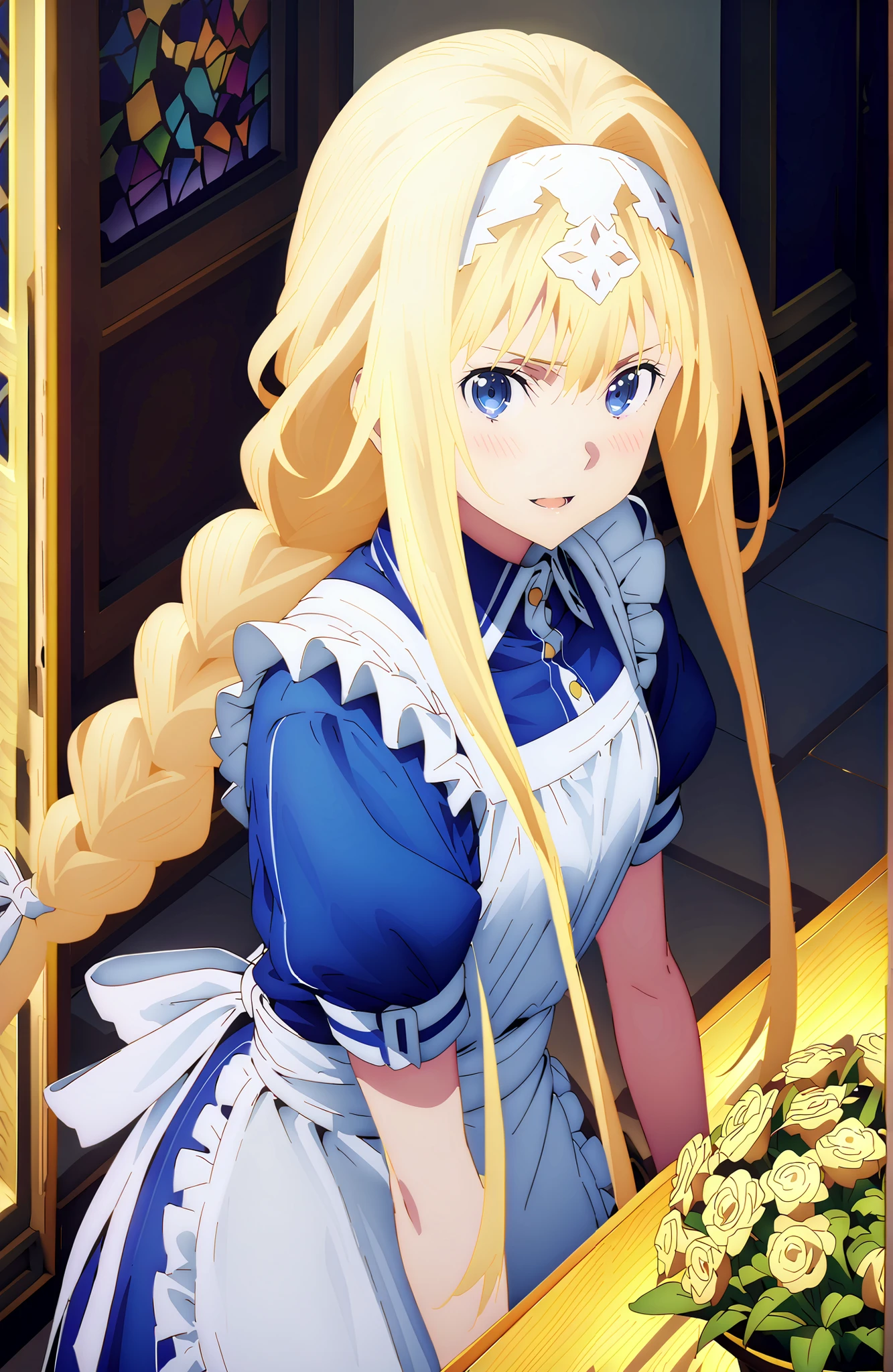 Alicesburg, Alice Zuburg, bungs, Gold, hair between eyes, Very braided, headband, white headband,smile,blush,open your mouth,
break dress, bow, ribbon, Short sleeve, frills, apron, puffy Short sleeve, Blue clothes, white bow, white apron, frilled apron,Holding a bouquet with both arms,stained glass,STANDING,full bodyがillustrationsに入るように,
break indoors,church,
break looking at viewer,full body,
break (masterpiece:1.2), Top Quality, high resolution, Unity 8k 壁紙, (illustrations:0.8),highly detailed faces, perfect lighting on the table, extremely detailed CG, (perfect hand, perfect anatomy),