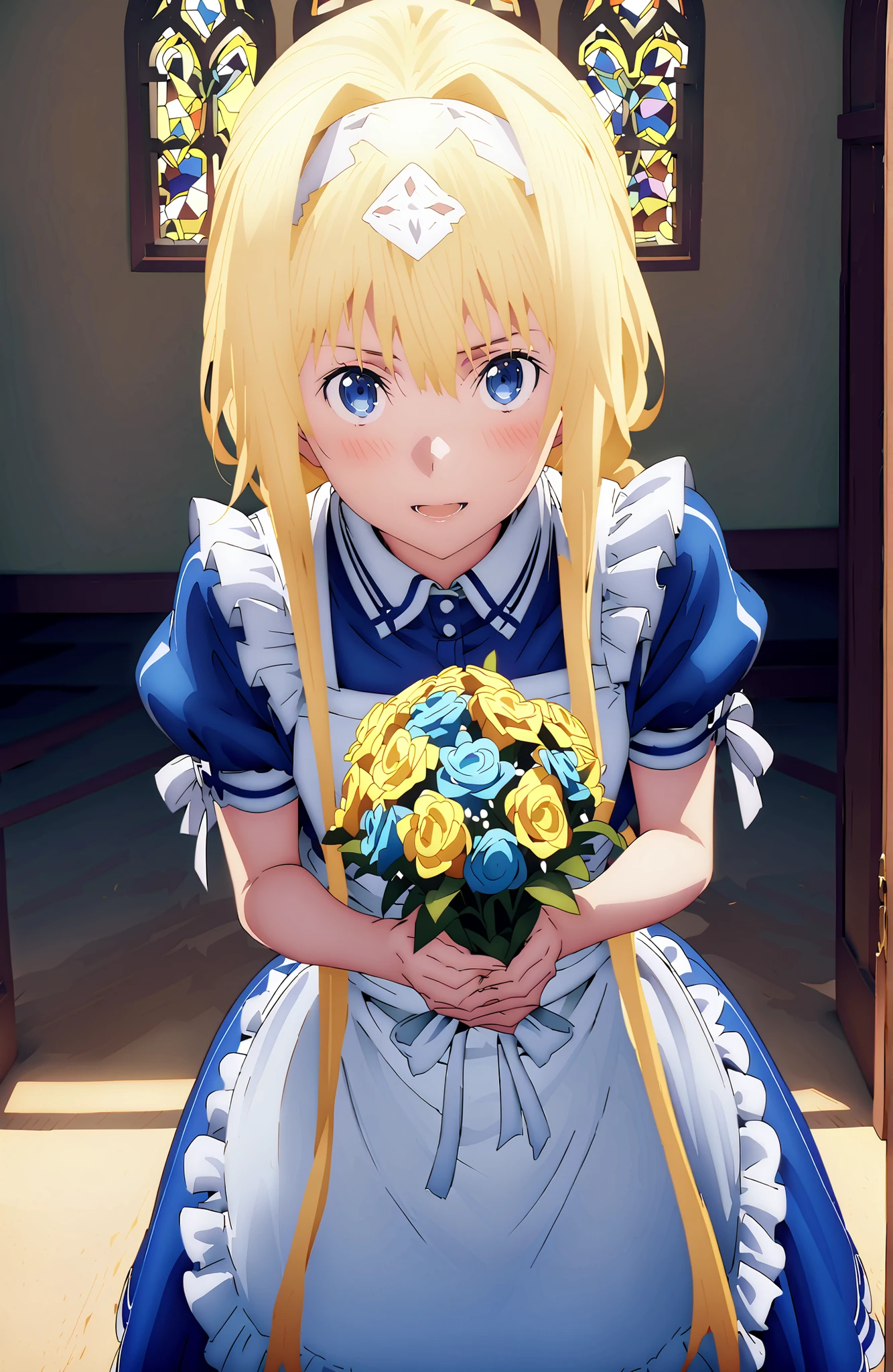 Alicesburg, Alice Zuburg, bungs, Gold, hair between eyes, Very braided, headband, white headband,smile,blush,open your mouth,
break dress, bow, ribbon, Short sleeve, frills, apron, puffy Short sleeve, Blue clothes, white bow, white apron, frilled apron,Holding a bouquet with both arms,stained glass,STANDING,full bodyがillustrationsに入るように,
break indoors,church,
break looking at viewer,full body,
break (masterpiece:1.2), Top Quality, high resolution, Unity 8k 壁紙, (illustrations:0.8),highly detailed face, perfect lighting on the table, extremely detailed CG, (perfect hand, perfect anatomy),