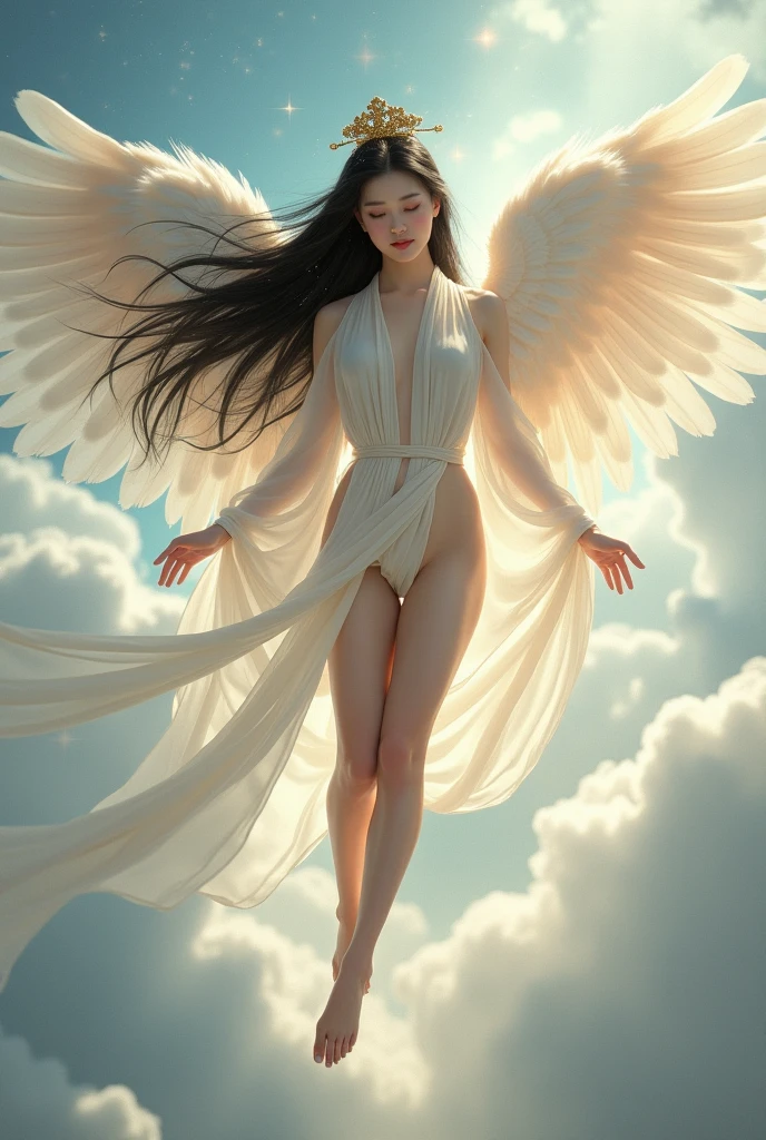 Ethereal photograph of a mystical girl with straight black hair. eighteen years old, with open arms, radiating light around him and ascending to the sky. Naked body. His feet are golden. Huge open white wings, spiritual, sublime, sacred, rising over a green and flowery plateau. Digital art. High definition.