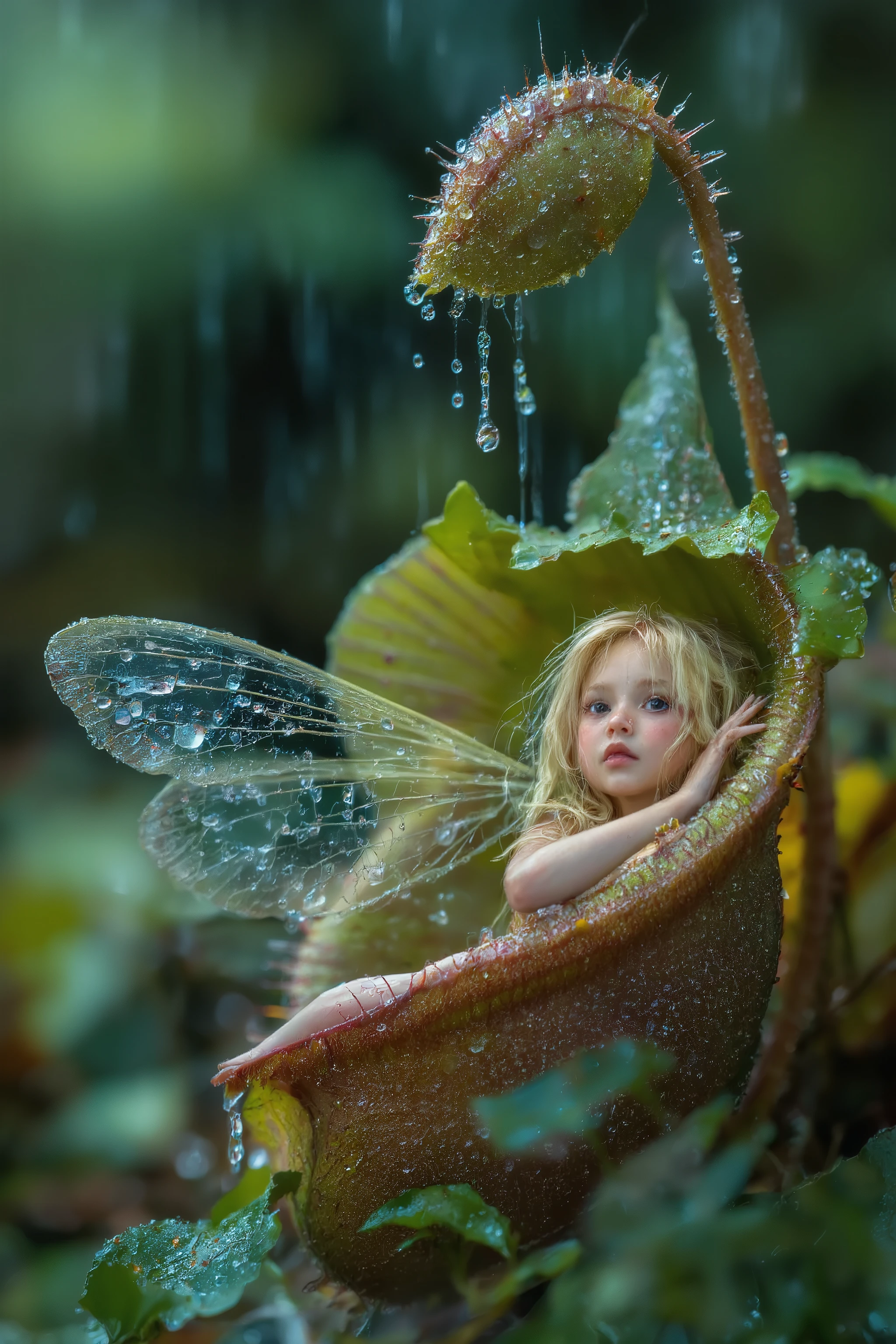 beautiful fairy,fairy sitting venus trap,Take shelter from the rain,rain in dark deep forest,realistic photograph,a macro photograph,bokeh-macro