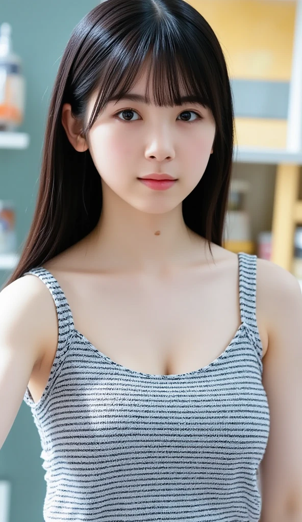 10yo, slender girl, (make up:1.1), (white short camisole:1.2), small breasts, at school room, (upper body shot:1.1), cowboy shot
