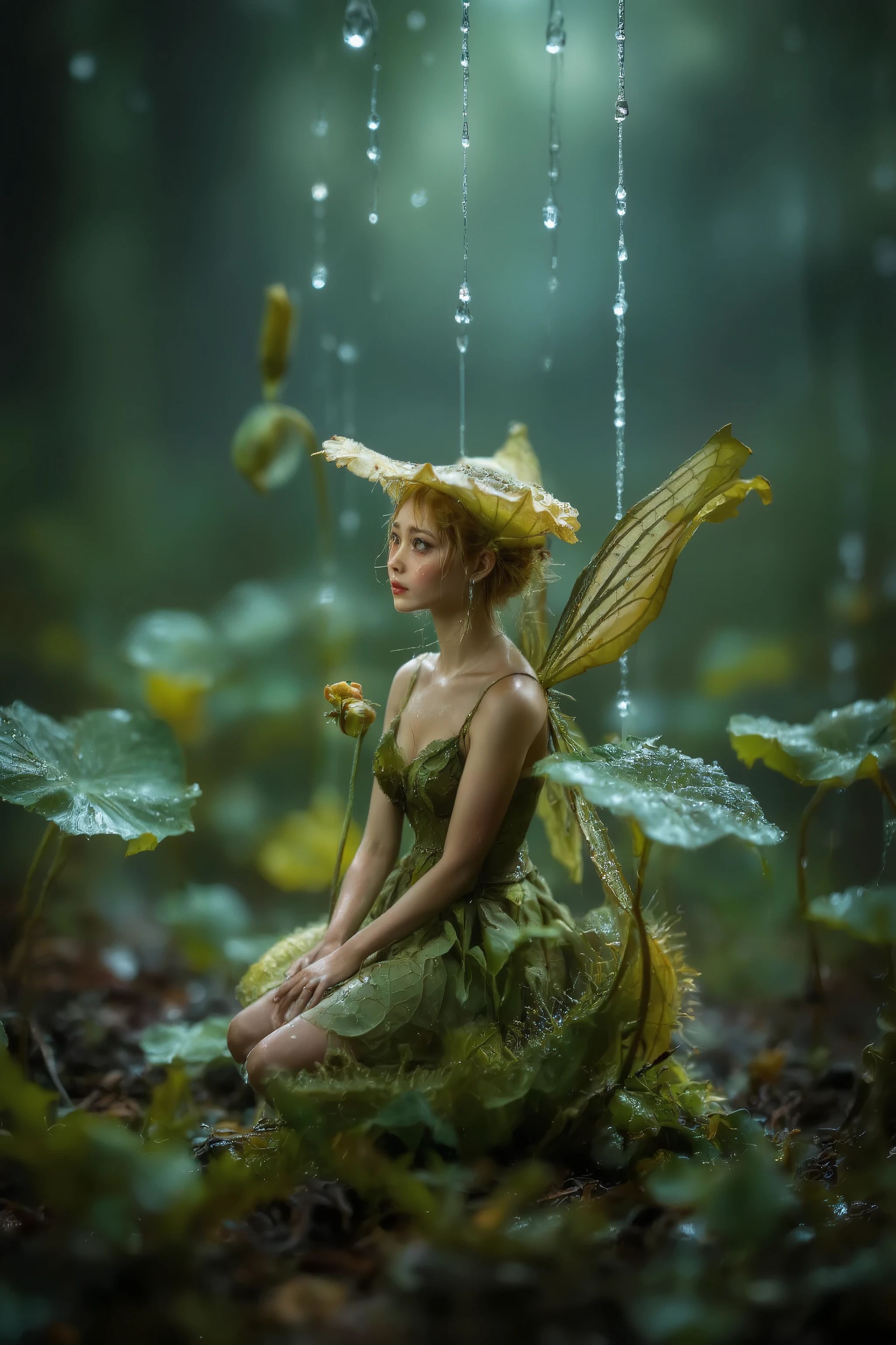beautiful fairy,fairy sitting venus trap,Take shelter from the rain,rain in dark deep forest,realistic photograph,a macro photograph,(ultra-realistic,as realistic as possible,cinematic quality,top quality,masterpiece,High sensitivity,High Resolution,detailed depiction,16k,8k,hyper realistic photo,beautiful detailed,High Definition,high detail,realistic,high detail)),bokeh-macro