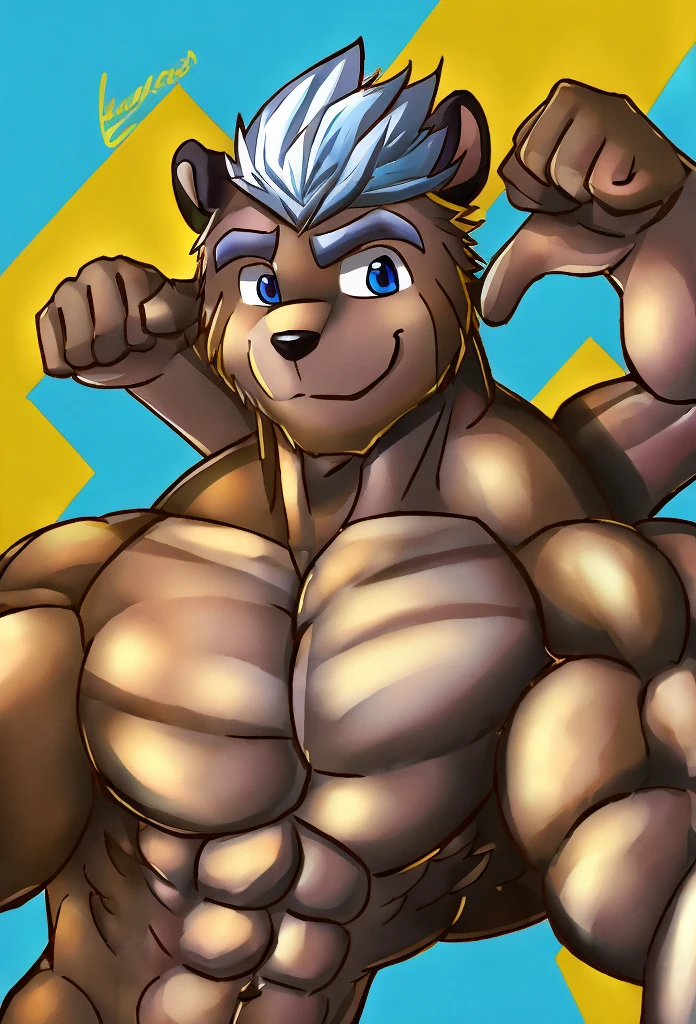 Furry little boy,Yellow body hair,blue color eyes。
