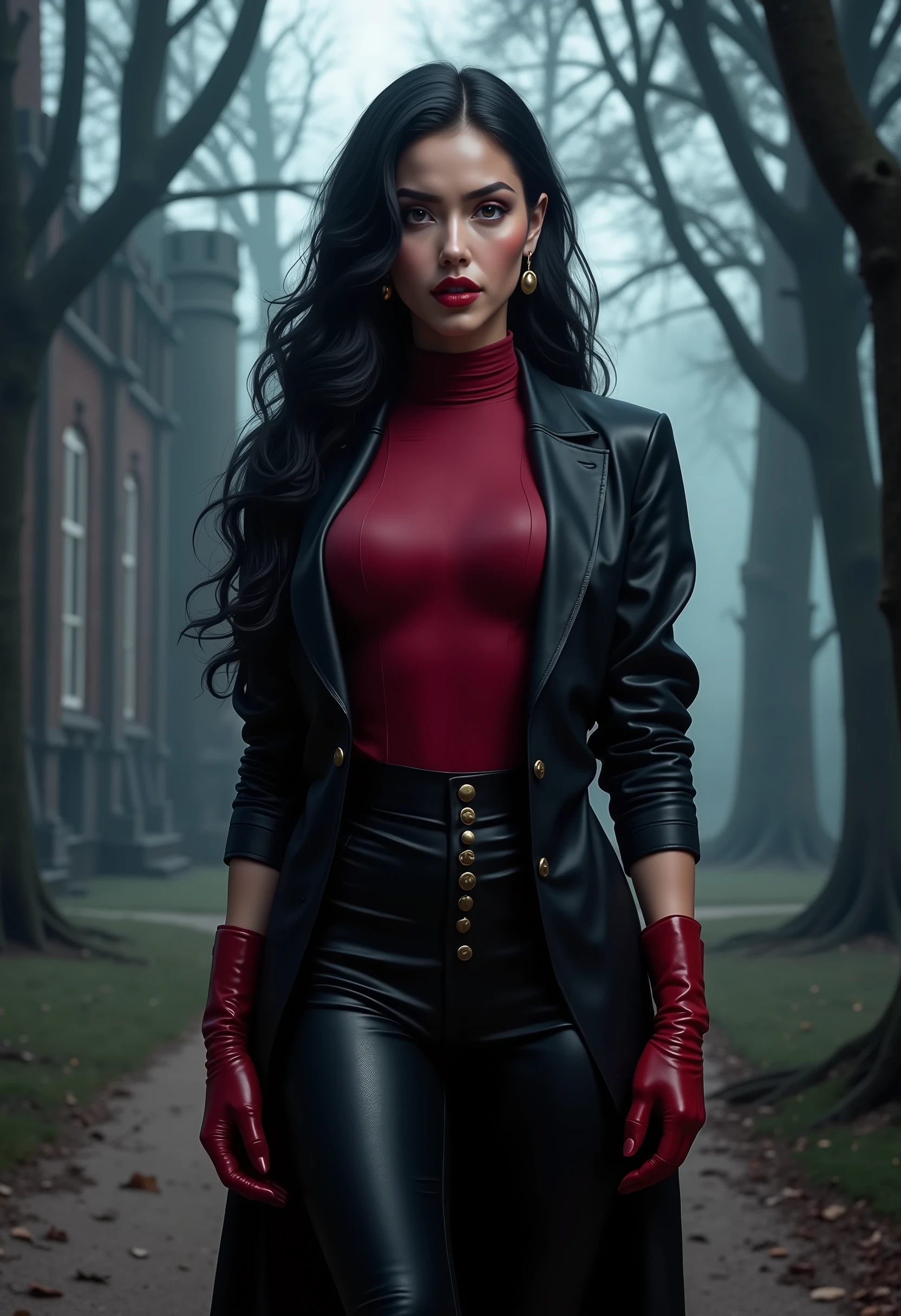 full body beautiful sensual sexy cool 35 year old woman with slightly parted lips muscular body black wavy long hair black eyes, white skin, red lips, round face full red lips high arched eyebrows thin waist long shapely legs full breasts broad shoulders black leather breeches black black leather riding boots red high neck silk turtleneck black leather riding blazer red leather gloves deserted desolate castle park dark night fog gloomy clouds scattered moonlight