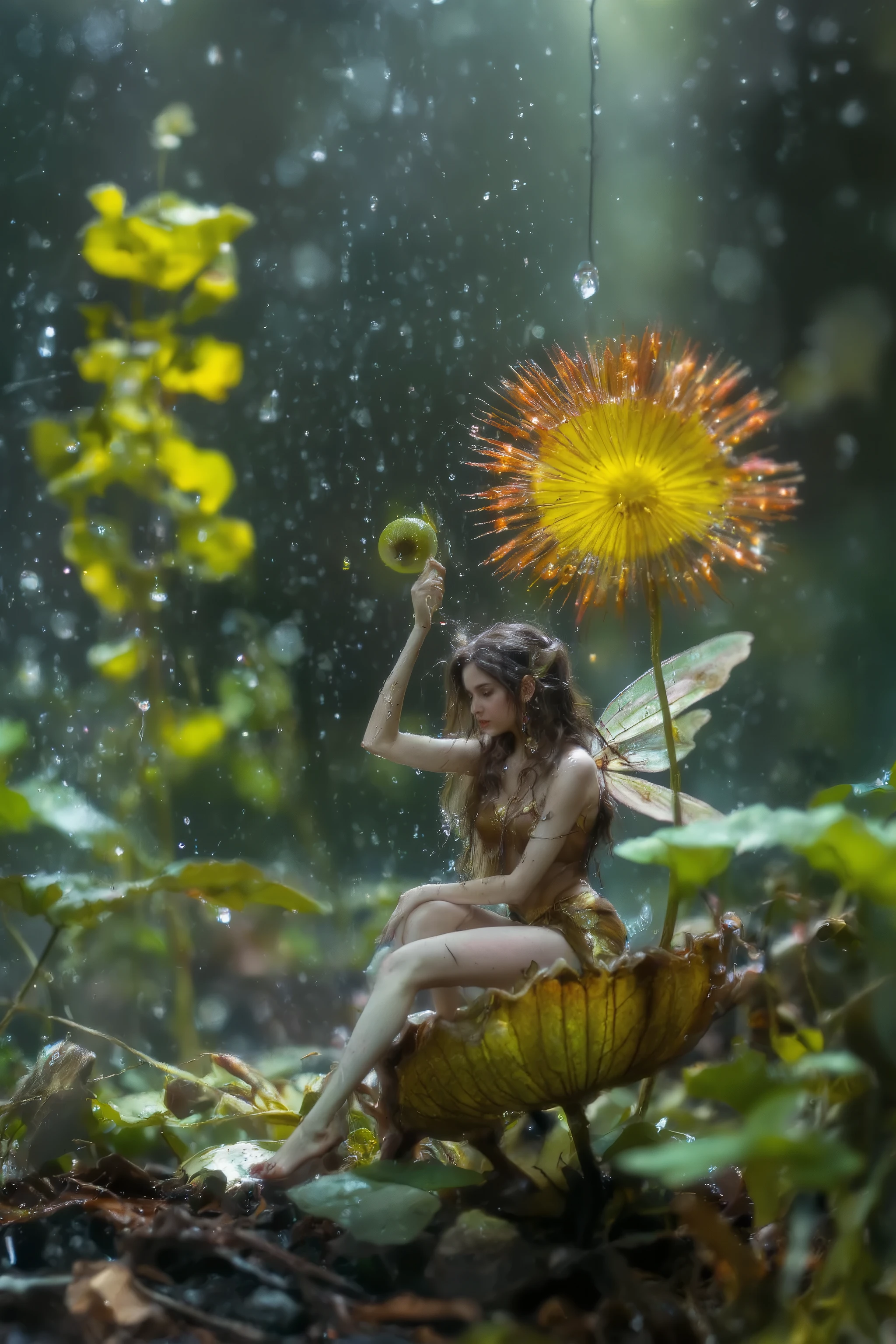 beautiful fairy,fairy sitting venus trap,Take shelter from the rain,rain in dark deep forest,realistic photograph,a macro photograph,(ultra-realistic,as realistic as possible,cinematic quality,top quality,masterpiece,High sensitivity,High Resolution,detailed depiction,16k,8k,hyper realistic photo,beautiful detailed,High Definition,high detail,realistic,high detail)),bokeh-macro