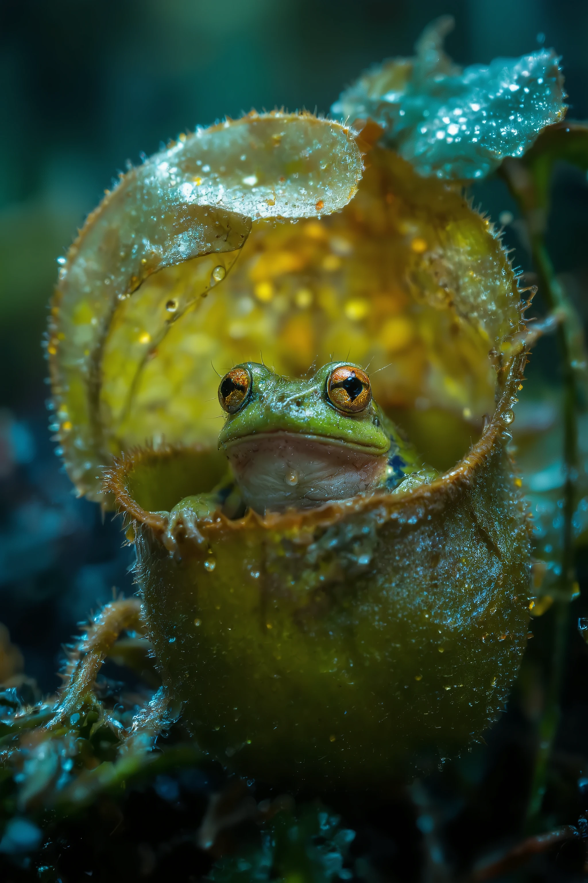 beautiful frog,frog sitting venus trap,Take shelter from the rain,rain in dark deep forest,realistic photograph,a macro photograph,(ultra-realistic,as realistic as possible,cinematic quality,top quality,masterpiece,High sensitivity,High Resolution,detailed depiction,16k,8k,hyper realistic photo,beautiful detailed,High Definition,high detail,realistic,high detail)),bokeh-macro