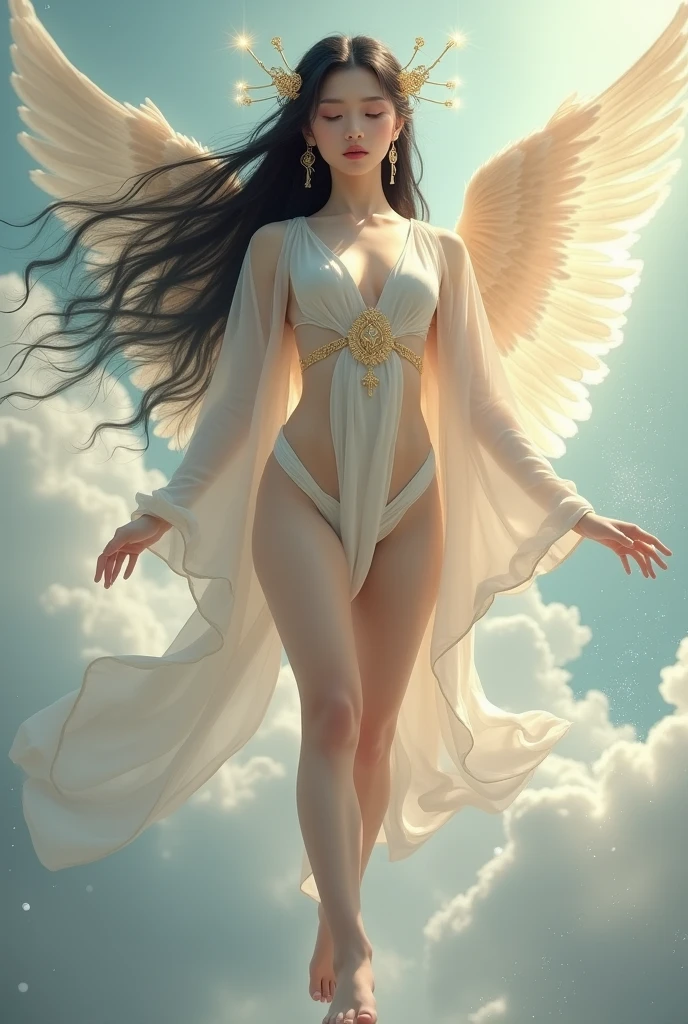 best quality, ultra high res, (photorealistic:1.4), masterpiece, fullbody, 1 angel girl with huge wings, brown skin color, brown_eyes, from_behind, fur_trim, hair_over_one_eye, lips, long_hair, make up, looking_at_viewer, looking_back, nose, photo_\(medium\), photorealistic, realistic, solo, teeth, upper_body, shot with Sony Alpha a9 II and Sony FE 200-600mm f/5.6-6.3 G OSS lens, natural ligh, hyper realistic photograph, ultra detailed –ar 3:2 –q 2 –s 750