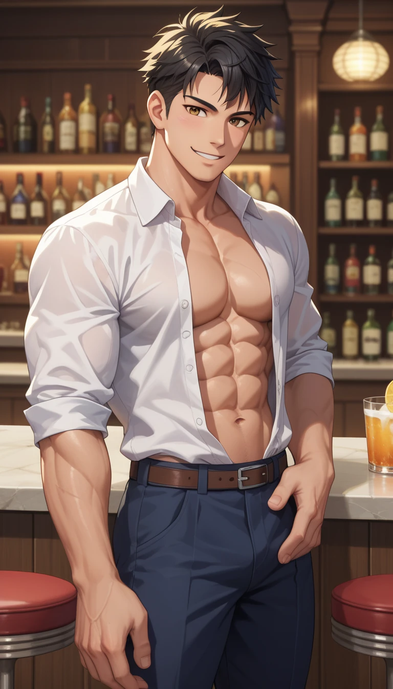 1 naked young man standing in a bar, drinking red wine shirtless, pantless, barefoot smiling, relaxed gaze, fullbody, by henry scott tuke, joaquin sorolla, roberto ferri blended style Ultra-detailed illustration, fullbody, cinematic, soft colors, mate efects, volumetric ligthing, becoming the subject composition, rule of thirds, ambient lighting A 25 years old men, slender muscular toned hairless body, white skin, broad shoulders, narrow waist, large pectorals, muscular legs, strong arms, oval face, heart chin, green eyes, turned up nose, thick lips, prominent cheekbones, heart jaw, straight eyebrows, wavy blond hair, fullbody image , tender innocent gentle look He is naked stainding in a bar , drinking red wine shirtless, pantless, barefoot smiling, relaxed gaze, in the background barscene gentleman, bottles, tables, men The image is a masterful composition of color, shape, and form, creating a sense of harmony and balance ultrdetailed, intincate detailed image, realistic, combine vivid color and soft colors to generate realisim sense, combine lights and shadows to generate deep sense,