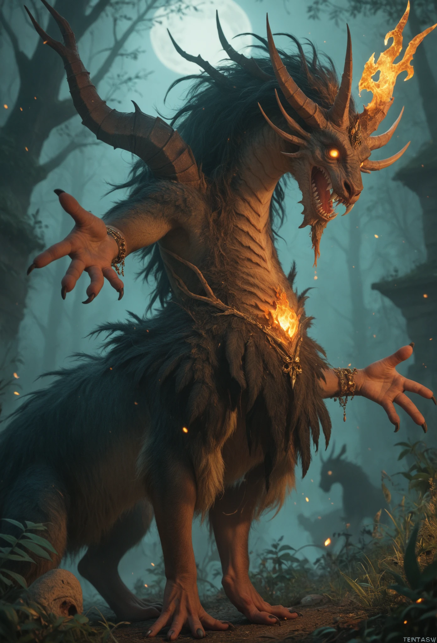 (by darkgem:1.4), masterpiece, best details, real life, depth of field, detailed background, nude, solo female, (anthro), (anthro chimera:1.4), sexy girl woman, femme, genitals, hairy pussy, exposed vagina, with bushy pubic hair and armpit hair, snarling, growling, attitude, (breasts:1.2), clear details, powerful, pleasure, self-pleasure, detailed nipples, perfect hands, sticky pussy, (stinky, smelly, dirty:1.5), covered in fur, monster girl, genital close up, occult, ritual, summoning, magic circle, symbols, library, rainbow fur, (iridescent fur:1.2), fangs, tongue, magic, casting fire, tail, levitating, horns