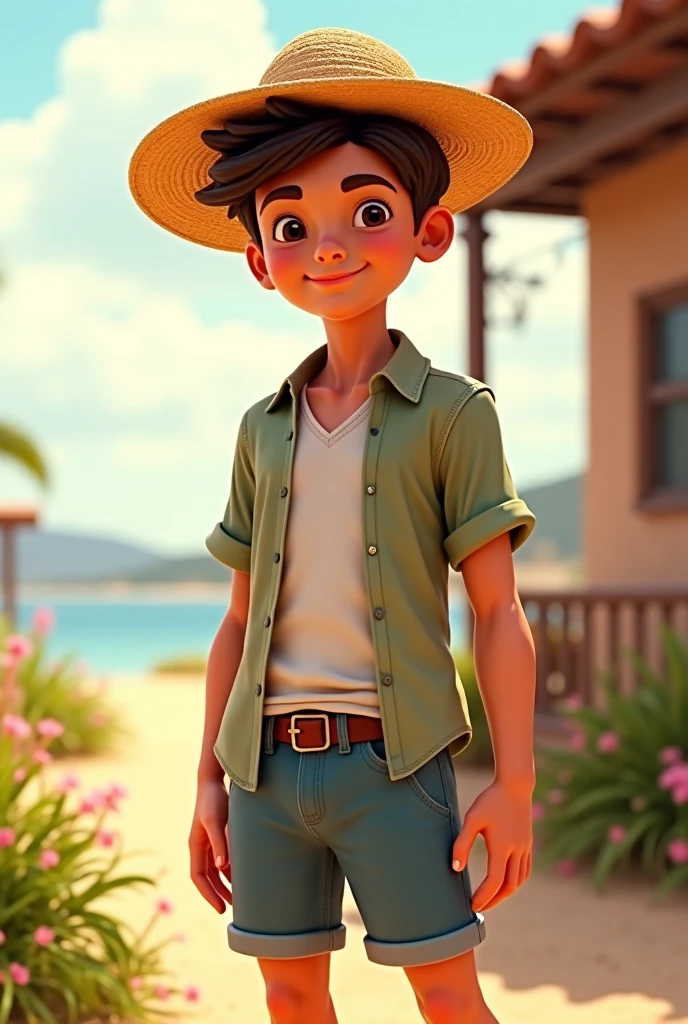 Um homem de 35 anos, com cabelos castanhos curtos,face de diamante, olhar rigoroso, e olhos castanhos, vestindo camisa manga comprida quadriculada, with straw hat.
