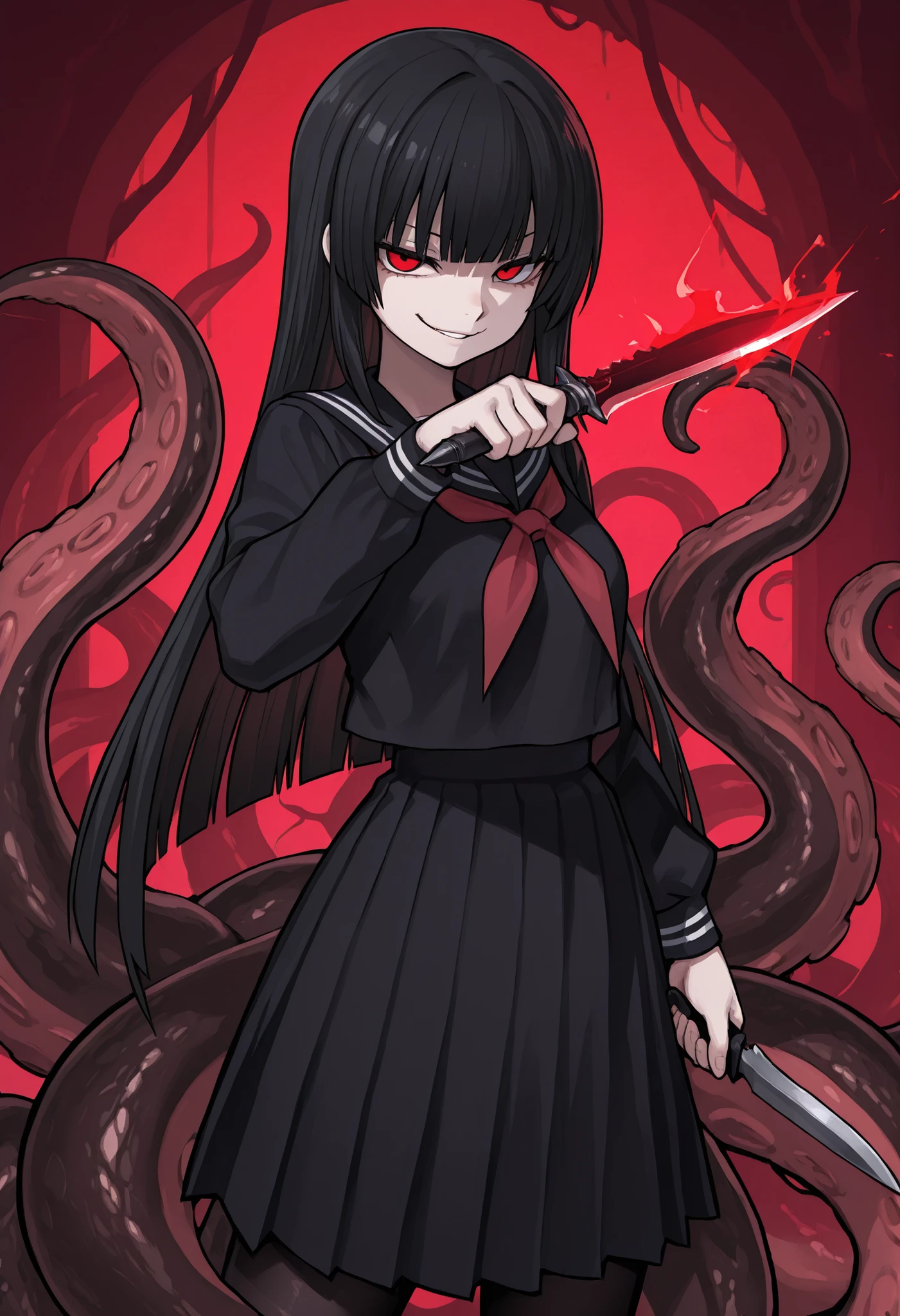 Scylla Girl. Black hair. Straight hair. Straight bangs. Red eyes. Smirk. Japanese high school uniform. Black costume. Dagger knife. Knife in hand. Snake-like tentacles. Multiple snakes. Black snakes.