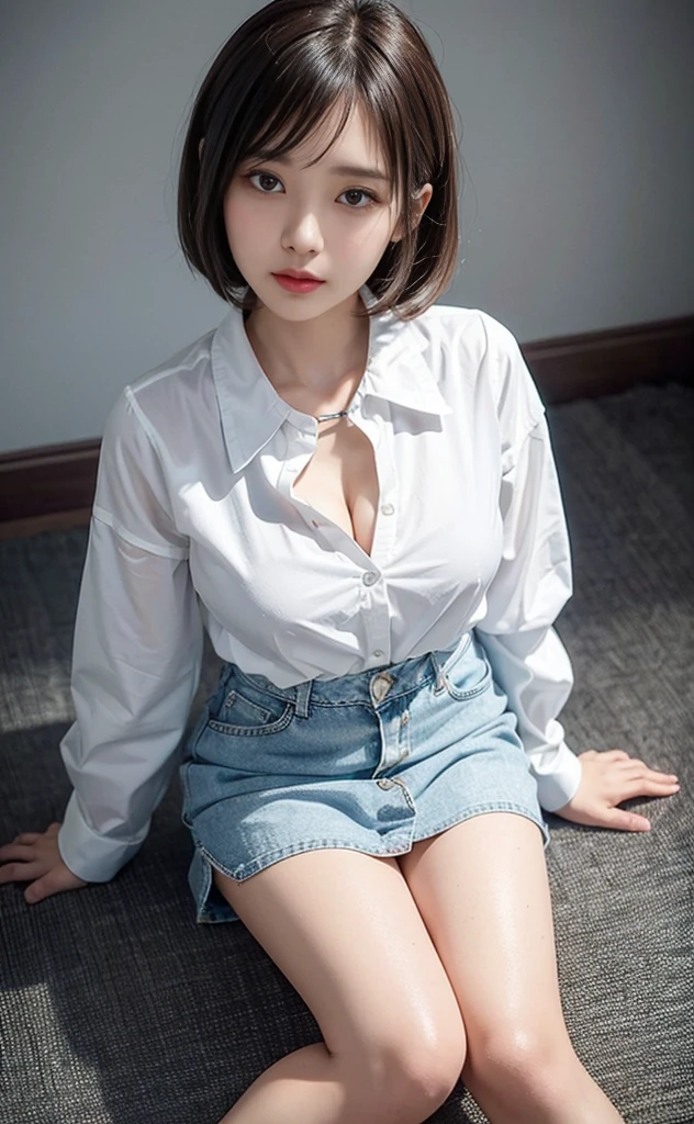detailed_background, realistic, 1girl, sitting on a small chair, back against the walll, bedroom, eye glasses, blushes, nighttime, bob cut, bangs, white short sleeve blouse, overhang, cleavage, big bust, small waist, denim mini skirt, bare legs, thighs, thicc_thighs, legs spread,
