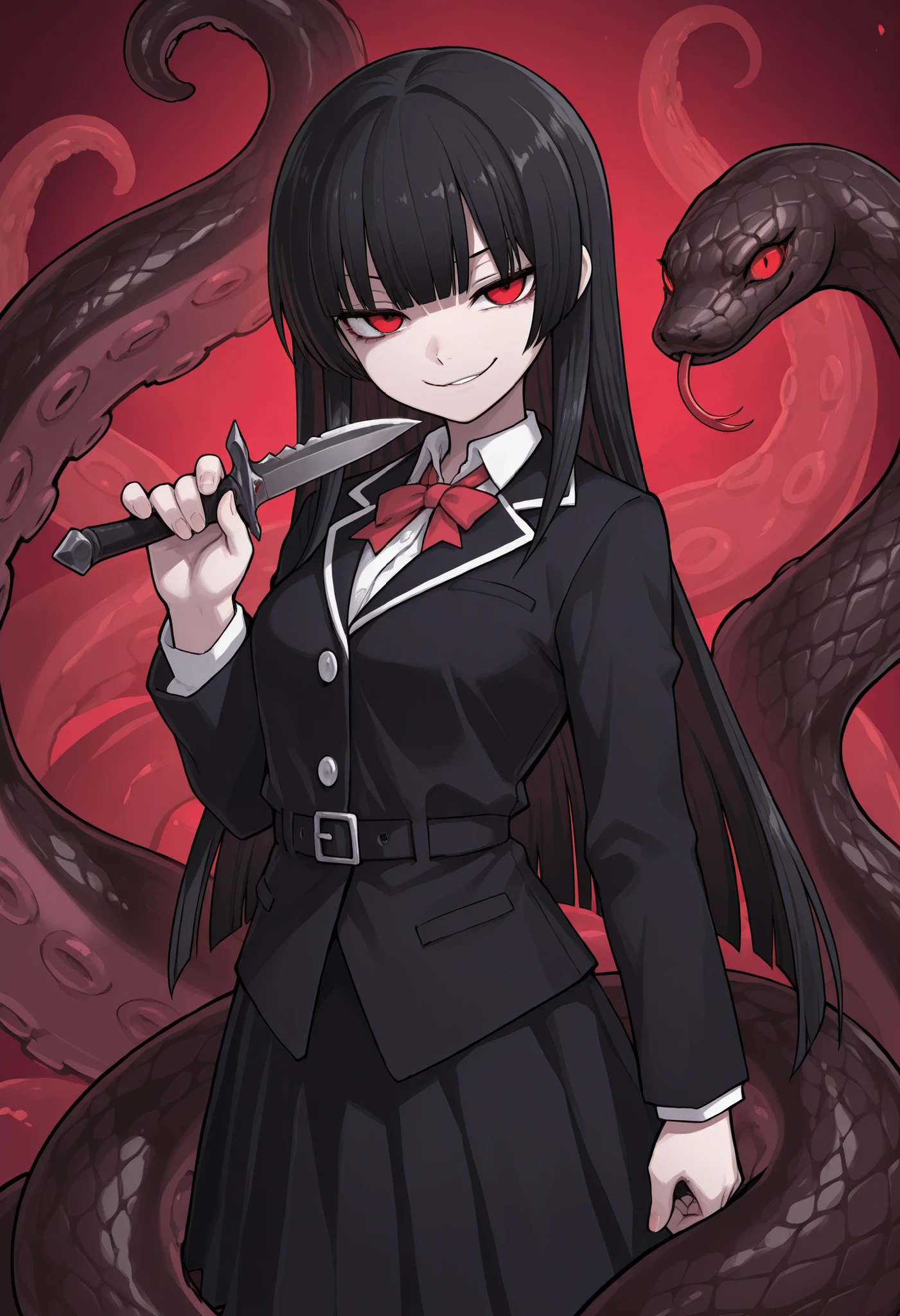 Scylla Girl. Black hair. Straight hair. Straight bangs. Red eyes. Smirk. Japanese high school uniform. Black costume. Dagger knife. Knife in hand. Snake-like tentacles. Multiple snakes. Black snakes.