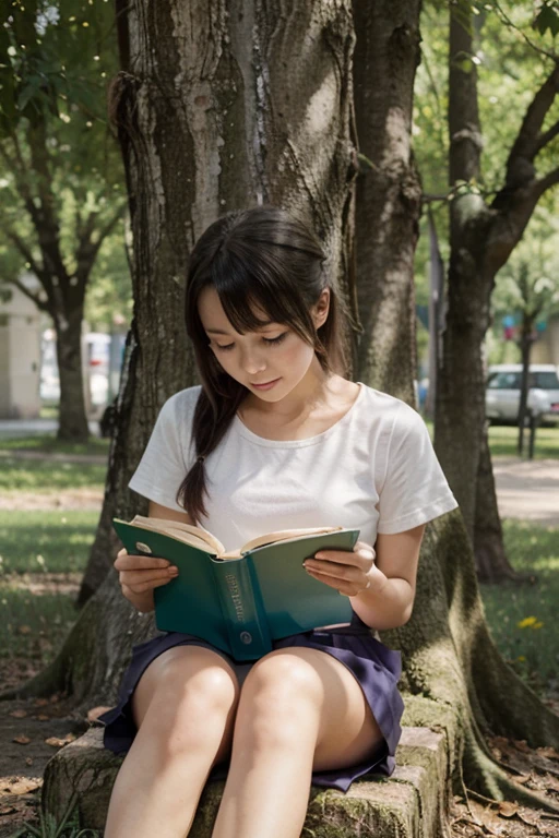 8K分辨率、Ultra-high-definition CG images、1girl in,Beautie、slenderbody、 (Sitting on the grass leaning against a tree, Reading a book, Knees together, Feet apart, up skirt,White lace panties、 (view from front, low angles), Onepiece, Detailed, morning, Sunrise, High resolution, ultra-quality, Super masterpiece, Colored leaves,