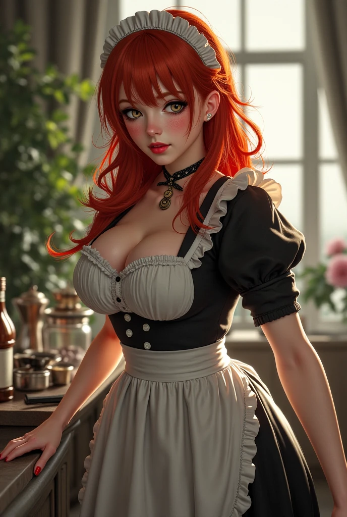 A pretty maid. best quality, masterpiece, red hair, sky blue eyes, wearing a steriotypical French maid outfit, (headdress、white blouse、black ribbon、White Apron、ruffle skirt、puff sleeves、collar、choker、apron with fine ruffles:1.3)、black maid costume). looking up, upper body,hair strand,Fair skin, Large chest,. Adorable, mature Woman,detailed big-eyed woman, round face. promenent red lips. Smileing,In the mansion library, large ass, Picture from the side,looking at the scenes, intense colors, Very valuable details, complex details, volumetric lighting, digital art, 8k, trending on Artstation, Clear focus, complex details, highly detail, Greg Rutkowski Big Eyes, high-resolution, red hair. Ellie Bamber., attractive chest, .Photorealistic. Confidence, self esteem, assertiveness, dominance. wide Amused smile. Sultry expression. , Cleavage. Perky bosum.