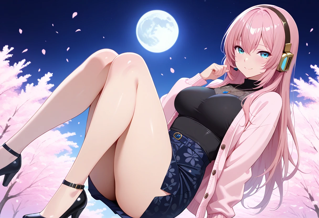 (((Best quality))), 1girll, A pink-haired, Sweater, Jacket, Large breasts, Purple eyes, Long hair, Default skin, Skirt, Pantyhose, Japanese, necklace, Sitting
