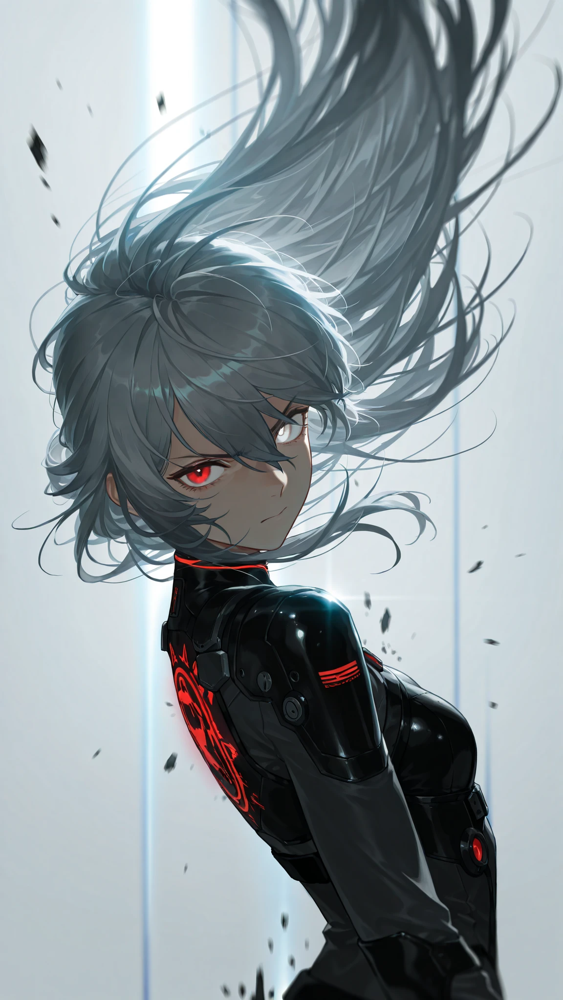 by [arknights|(748cmstyle:0.5)], god rays, cinematic shot, mature, young adult, masterpiece, best quality, amazing quality, very aesthetic, high resolution, ultra-detailed, absurdres,
(1girl, solo:0.55), alone,(from side, upper body focus, action shot, three quarter view, dynamic shot, dynamic pose, poster shot:1.2),HoSenti, long hair, gray hair, red eyes, heterochromia, futuristic Mirror's Edge city, High Tech America, white eye, hair between eyes,  secret agent, cyberpunk clothes, modern clothes, glaring at viewer, falling, warzone, novuschroma79 style, glitch art photo, BREAK, depth of field, volumetric lighting 
 